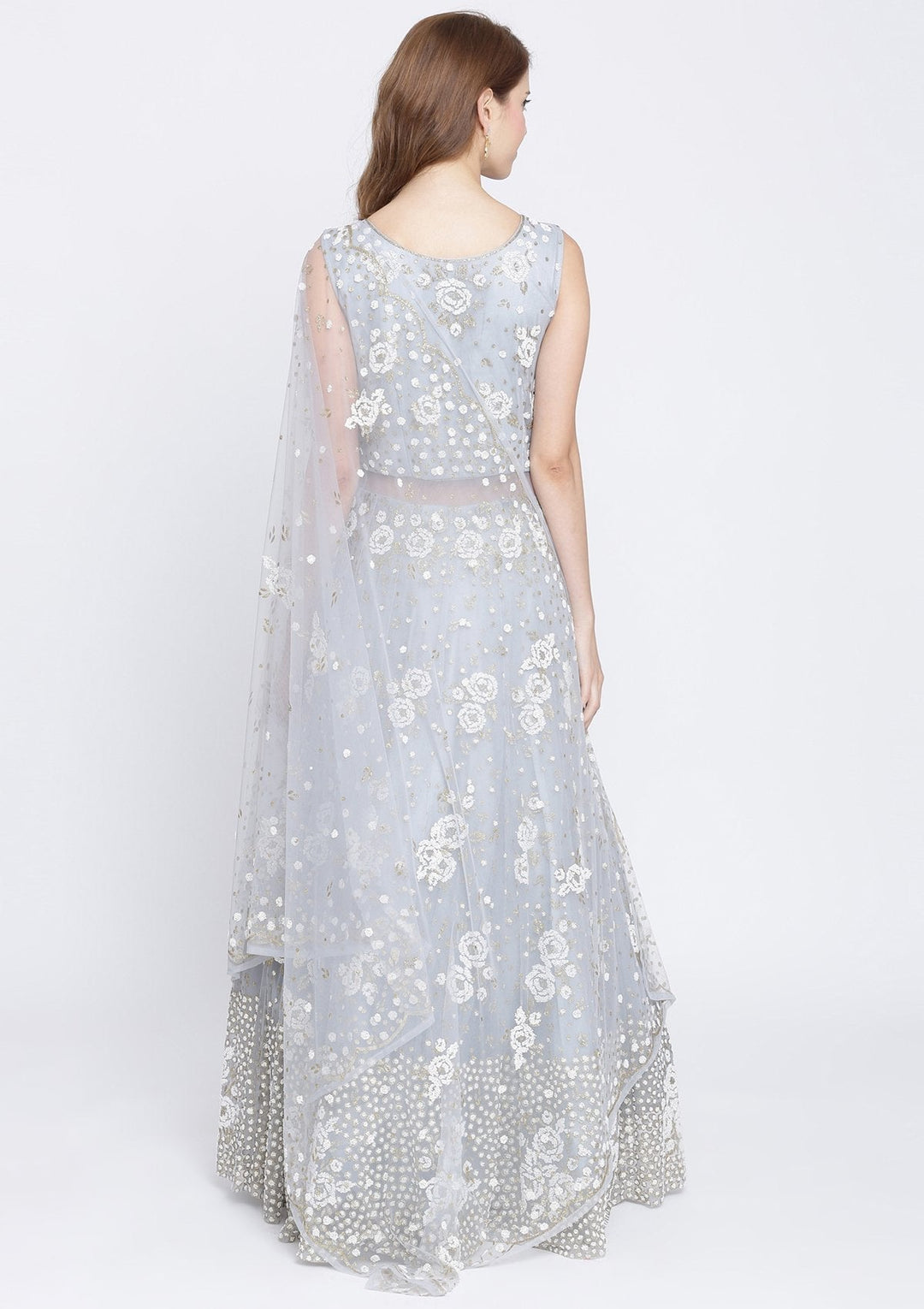 Light Grey Cutdana Net Designer Gown-Koskii