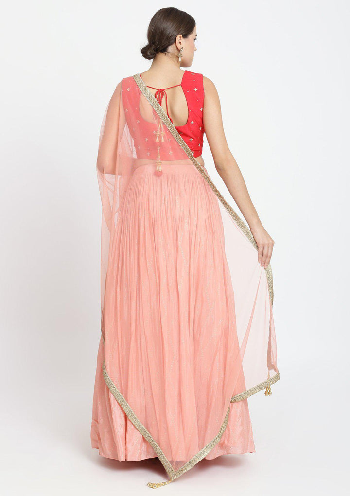 Peach and Fuschia Mirrorwork Satin Designer Lehenga-Koskii