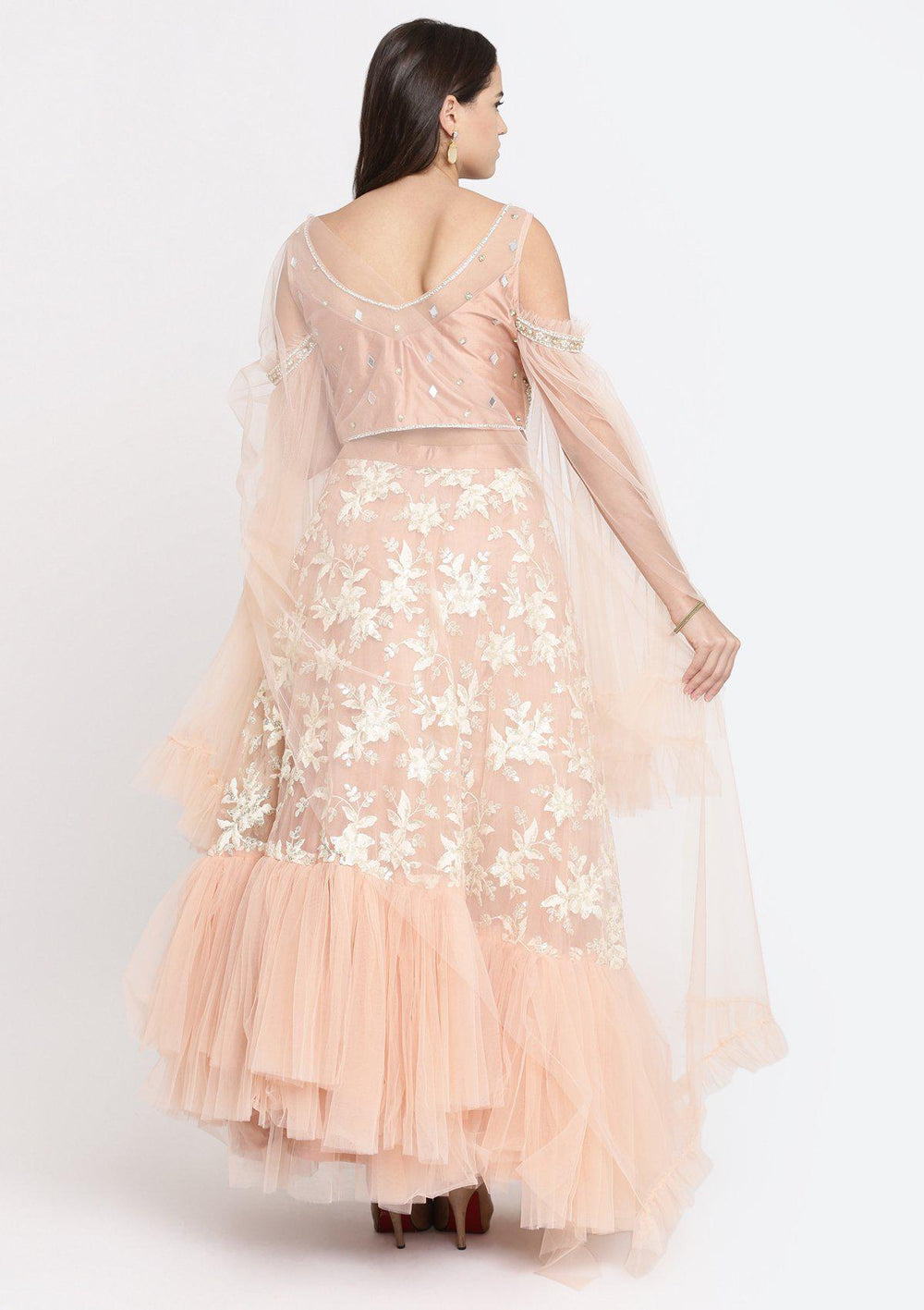 Peach Pearlwork Net Designer Lehenga-Koskii