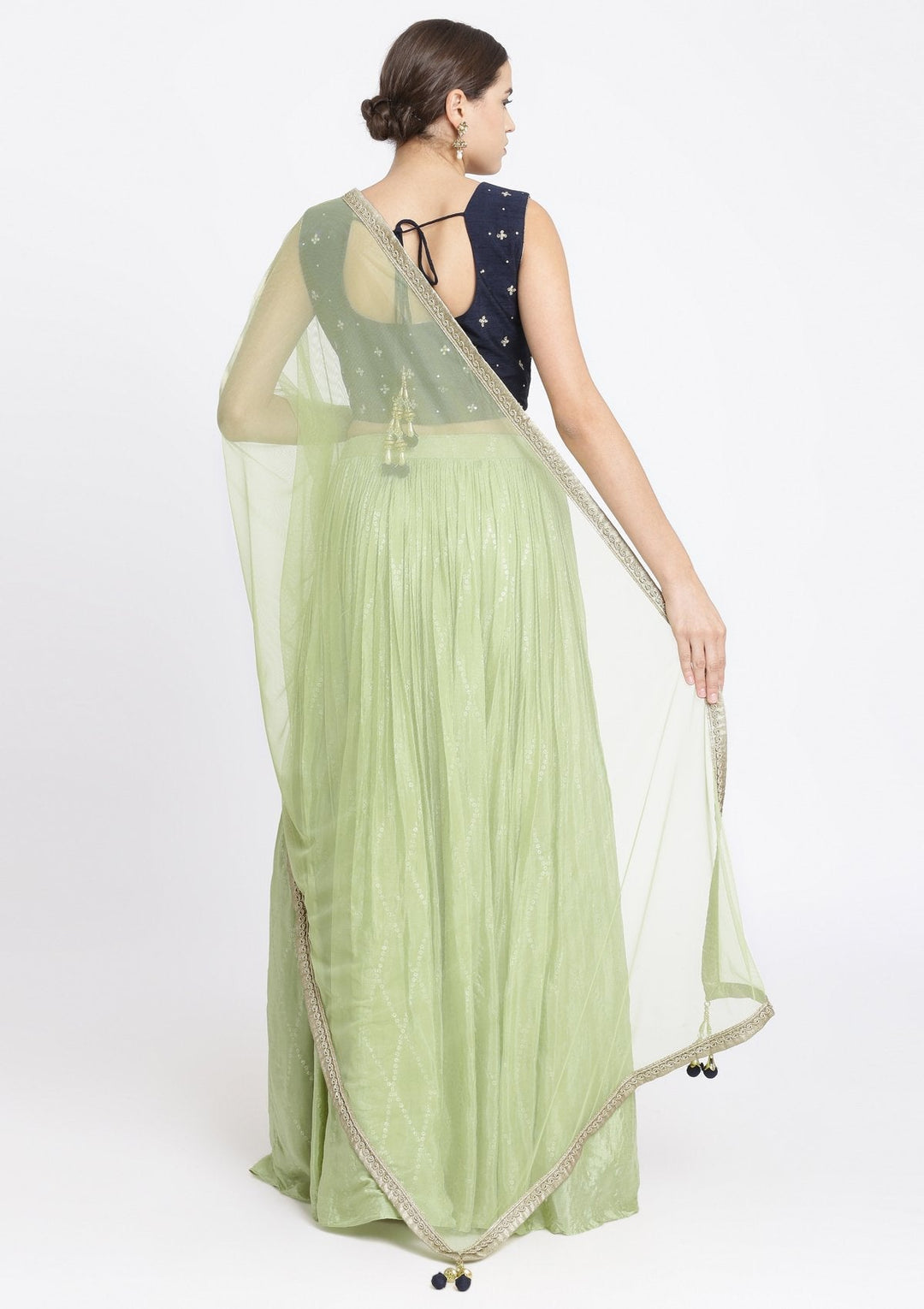 Pista Green and Navy Blue Mirrorwork Satin Designer Lehenga-Koskii