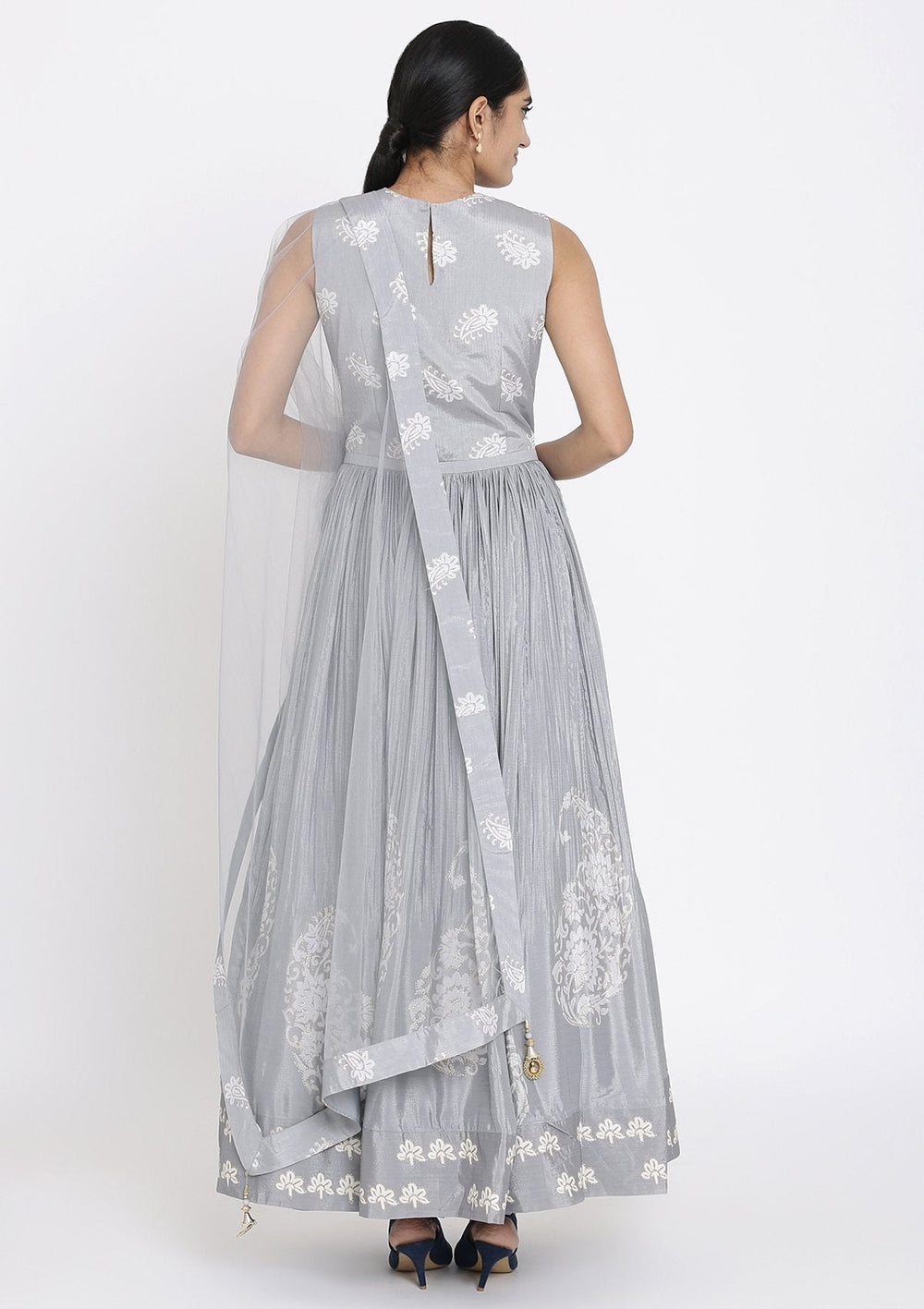 Light Grey Cutdana Satin Designer Gown - koskii