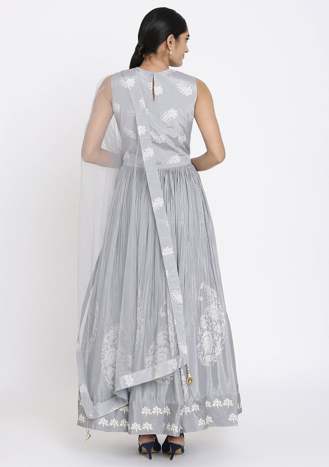 Light Grey Cutdana Satin Designer Gown - koskii