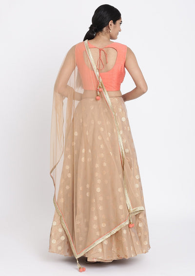 Light Brown And Peach Mirrorwork Tissue Designer Lehenga - koskii