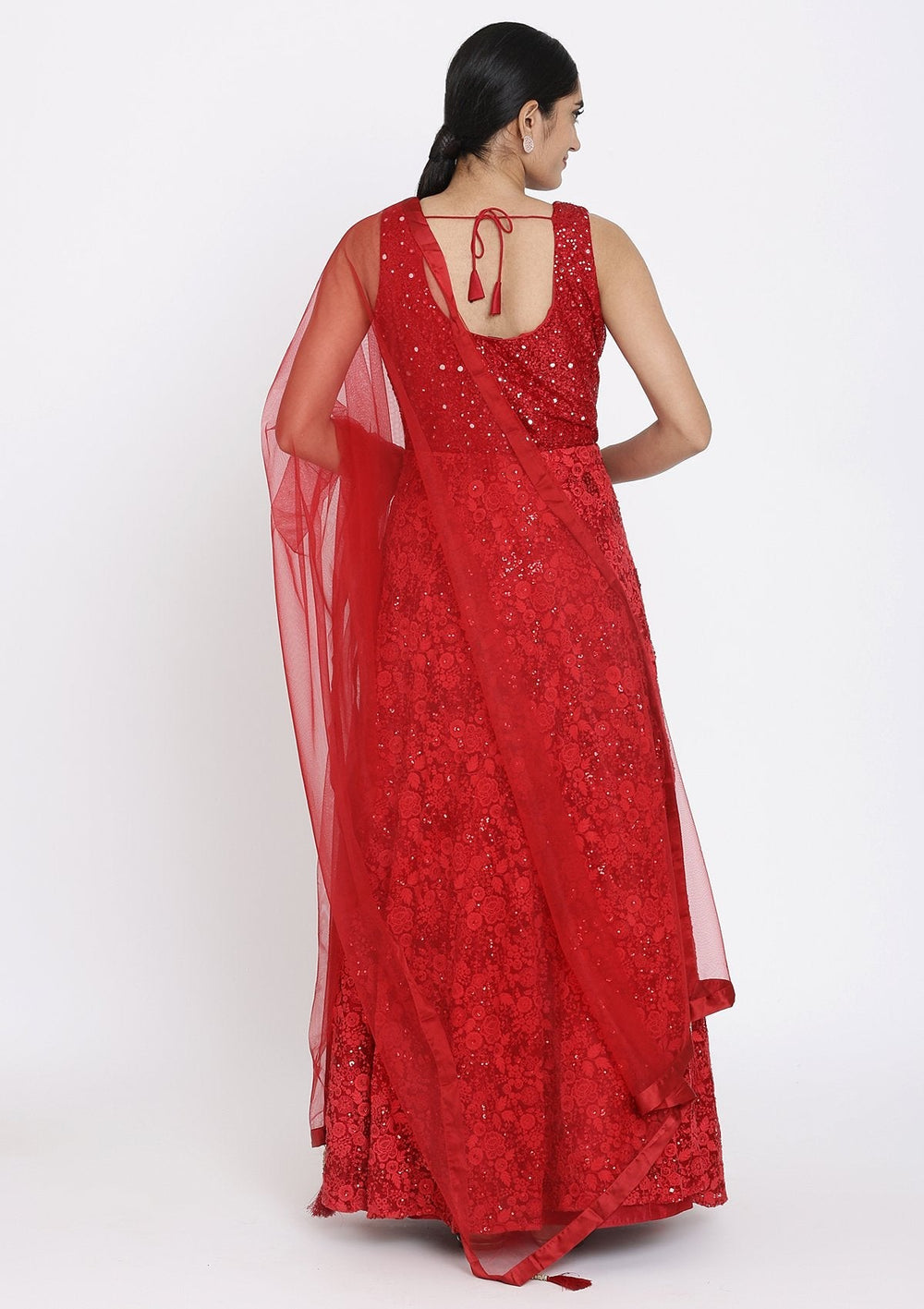 Red Chikankari Net Designer Gown - koskii