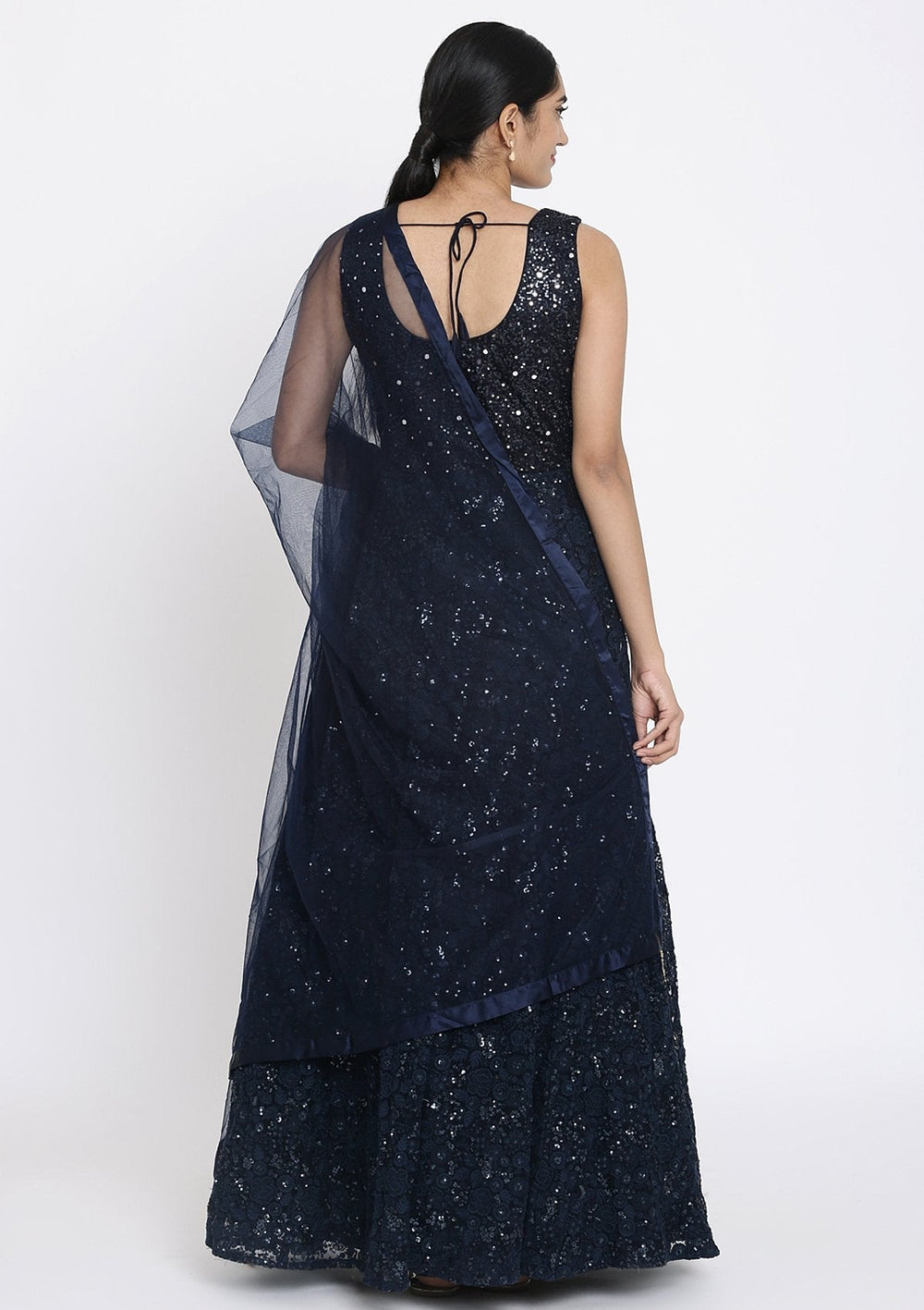 Navy Blue Chikankari Net Designer Gown - koskii