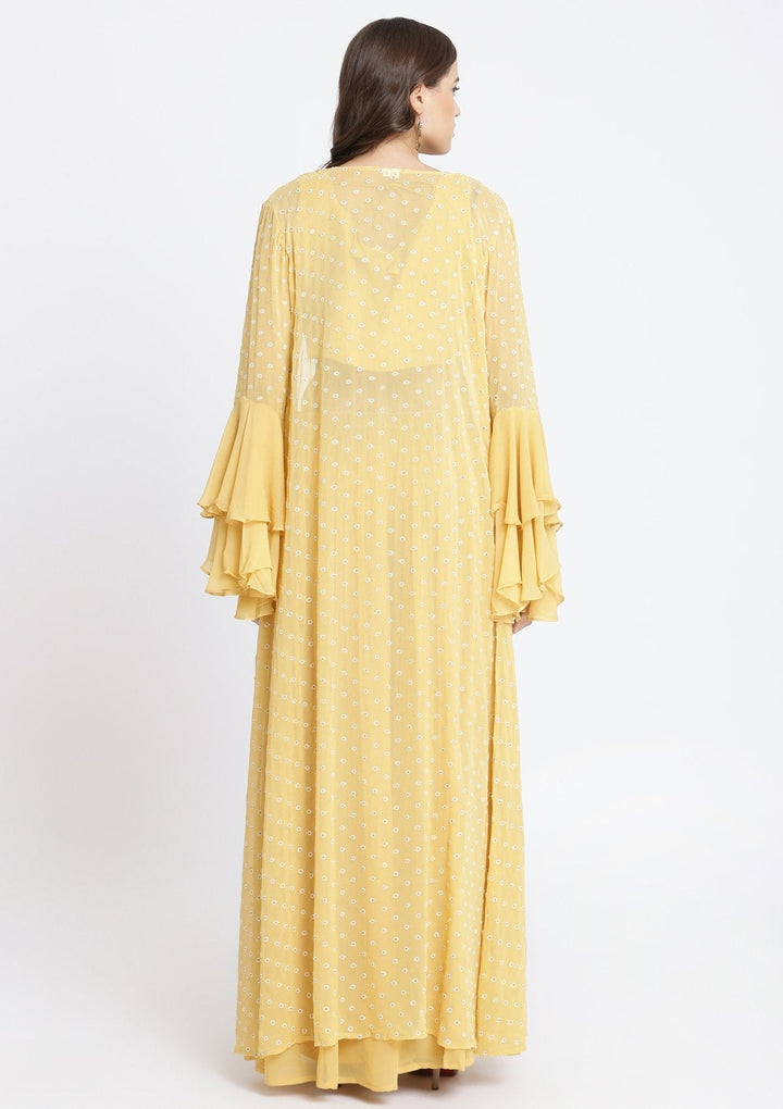 Yellow Threadwork Georgette Designer Crop Top Set-Koskii