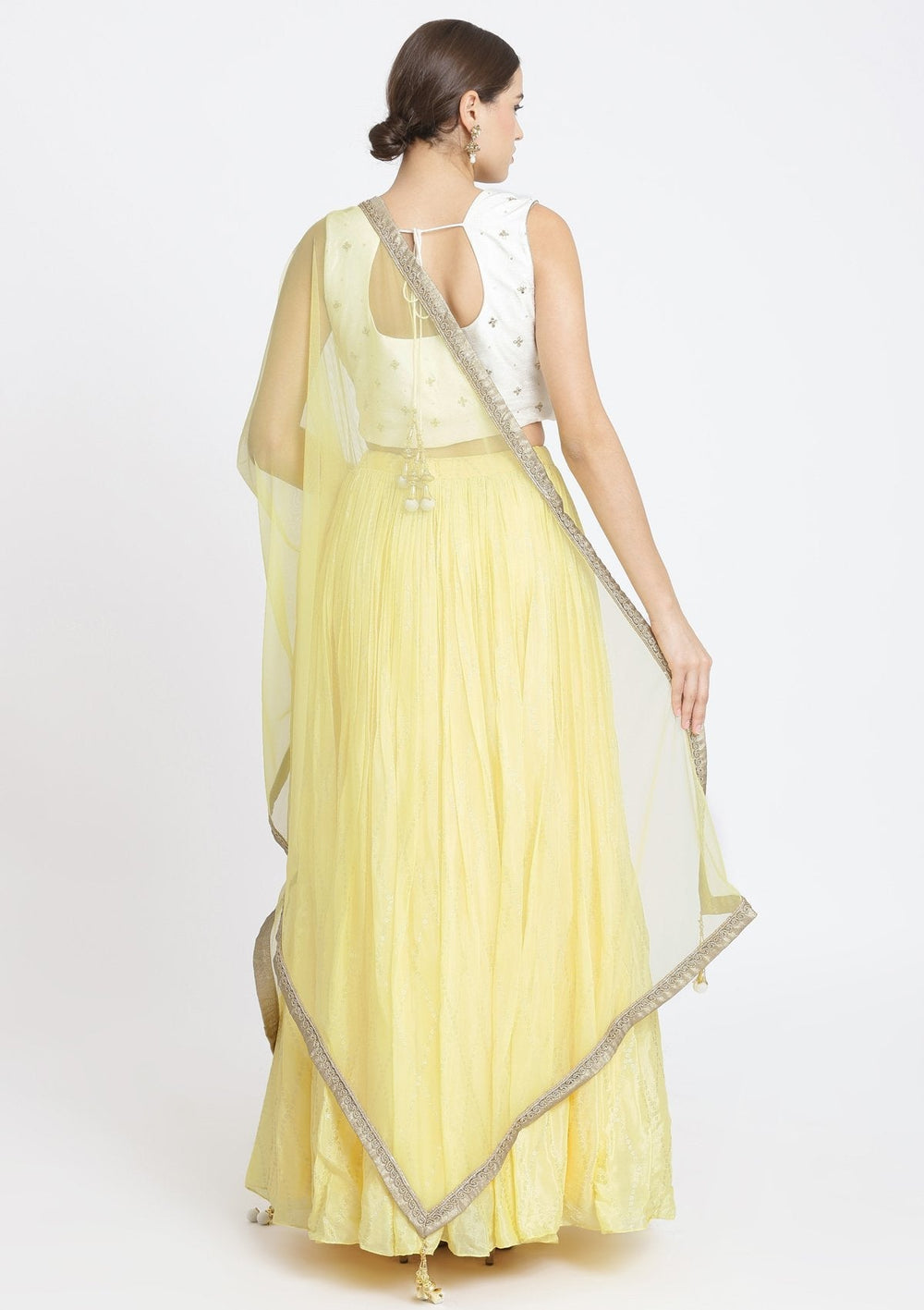 Yellow and Off-White Mirrorwork Satin Designer Lehenga-Koskii