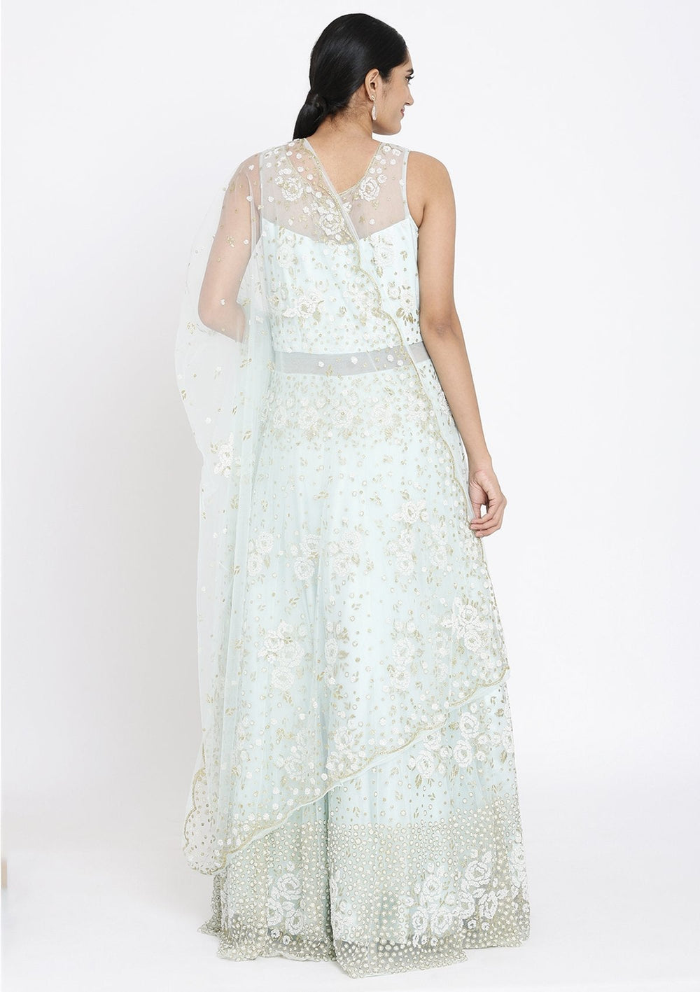 Sky Blue Cutdana Net Designer Gown - koskii