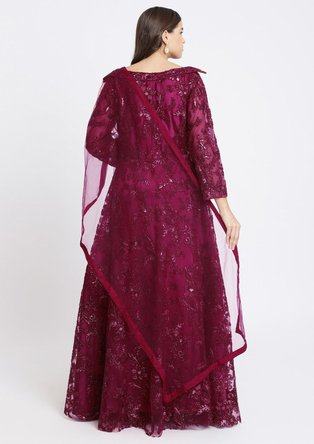 Maroon Sequinned Net Designer Gown-Koskii