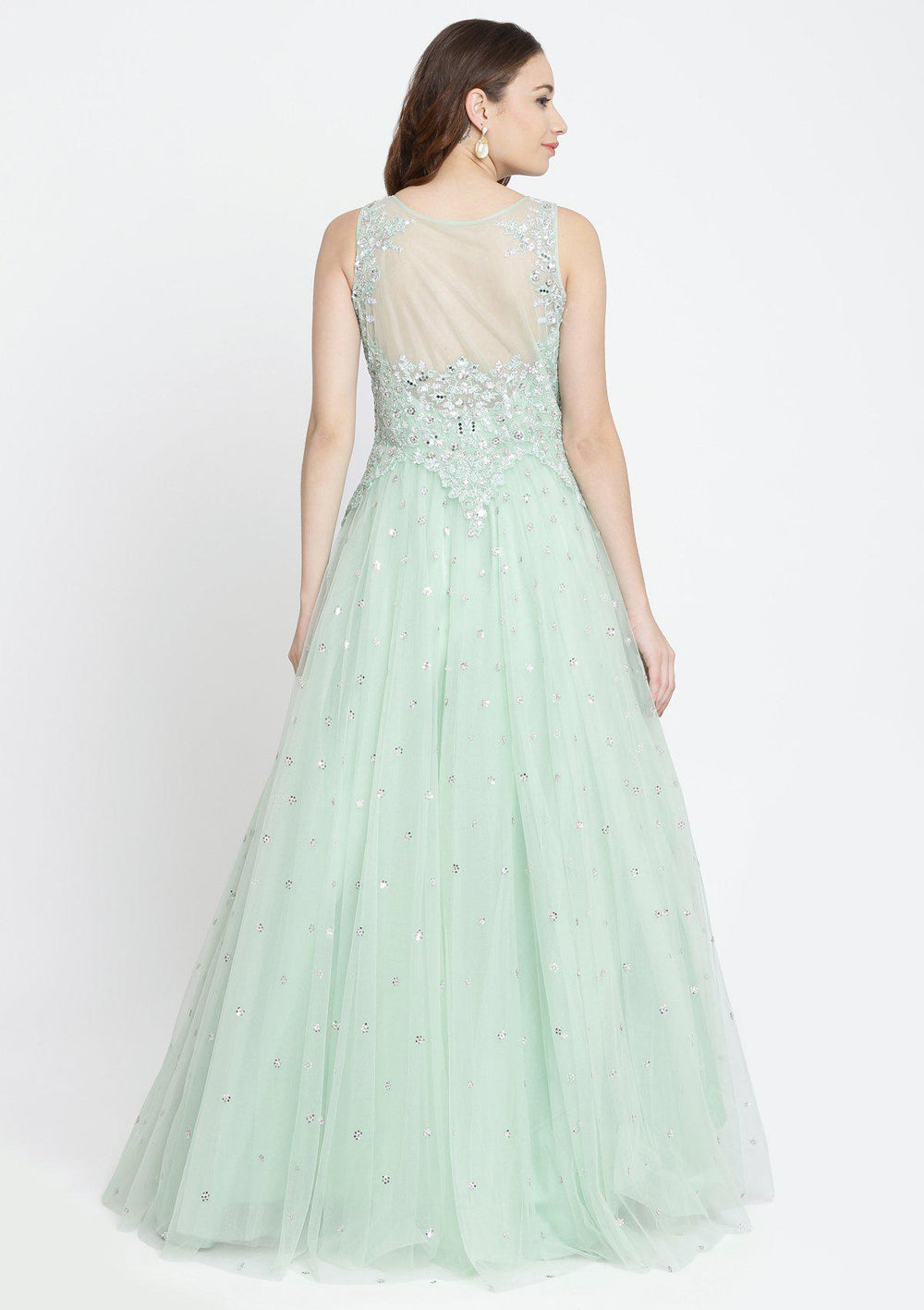 Pista Green Sequins Net Designer Gown-Koskii