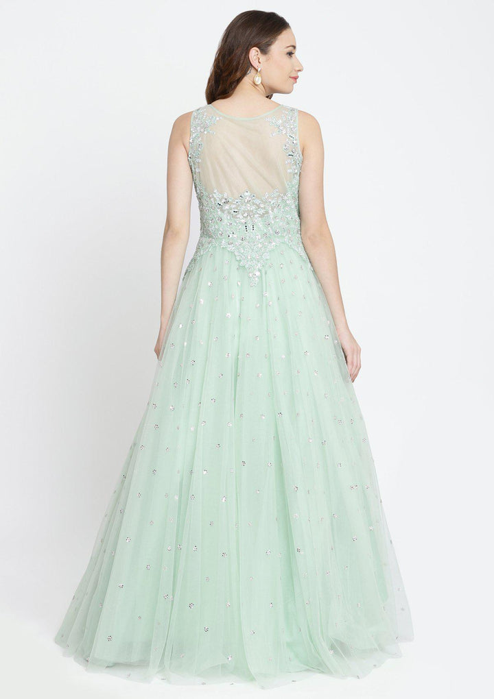 Pista Green Sequins Net Designer Gown-Koskii