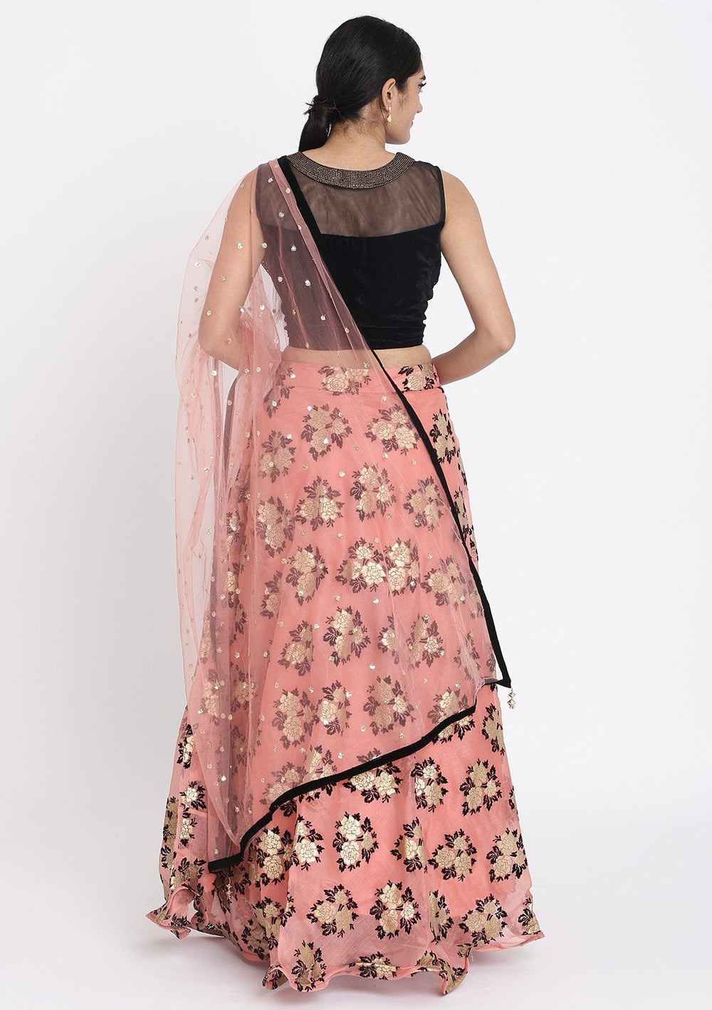 Pink And Black Swarovski Tissue Designer Lehenga - koskii