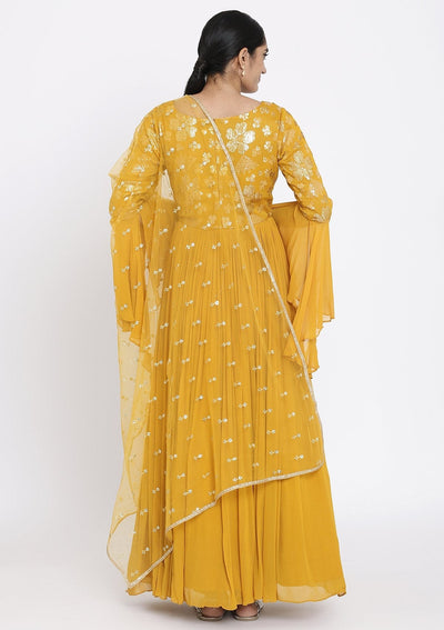 Mustard Sequins Georgette Designer Gown - koskii