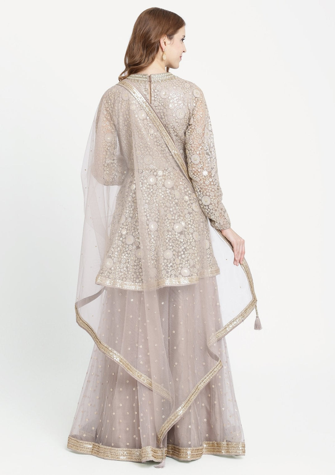 Light Grey Mirrorwork Net Designer Sharara-Koskii