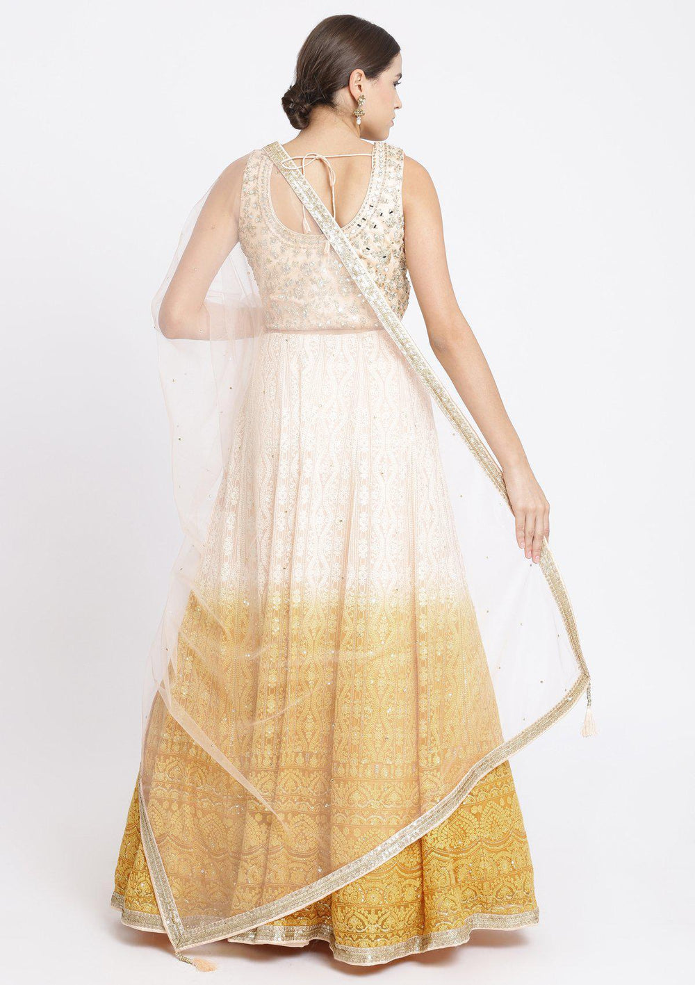 Chrome Yellow and Peach Mirrorwork Georgette Designer Lehenga-Koskii