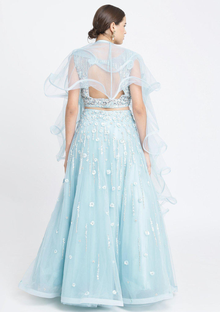 Sky Blue Sequins Net Designer Lehenga-Koskii