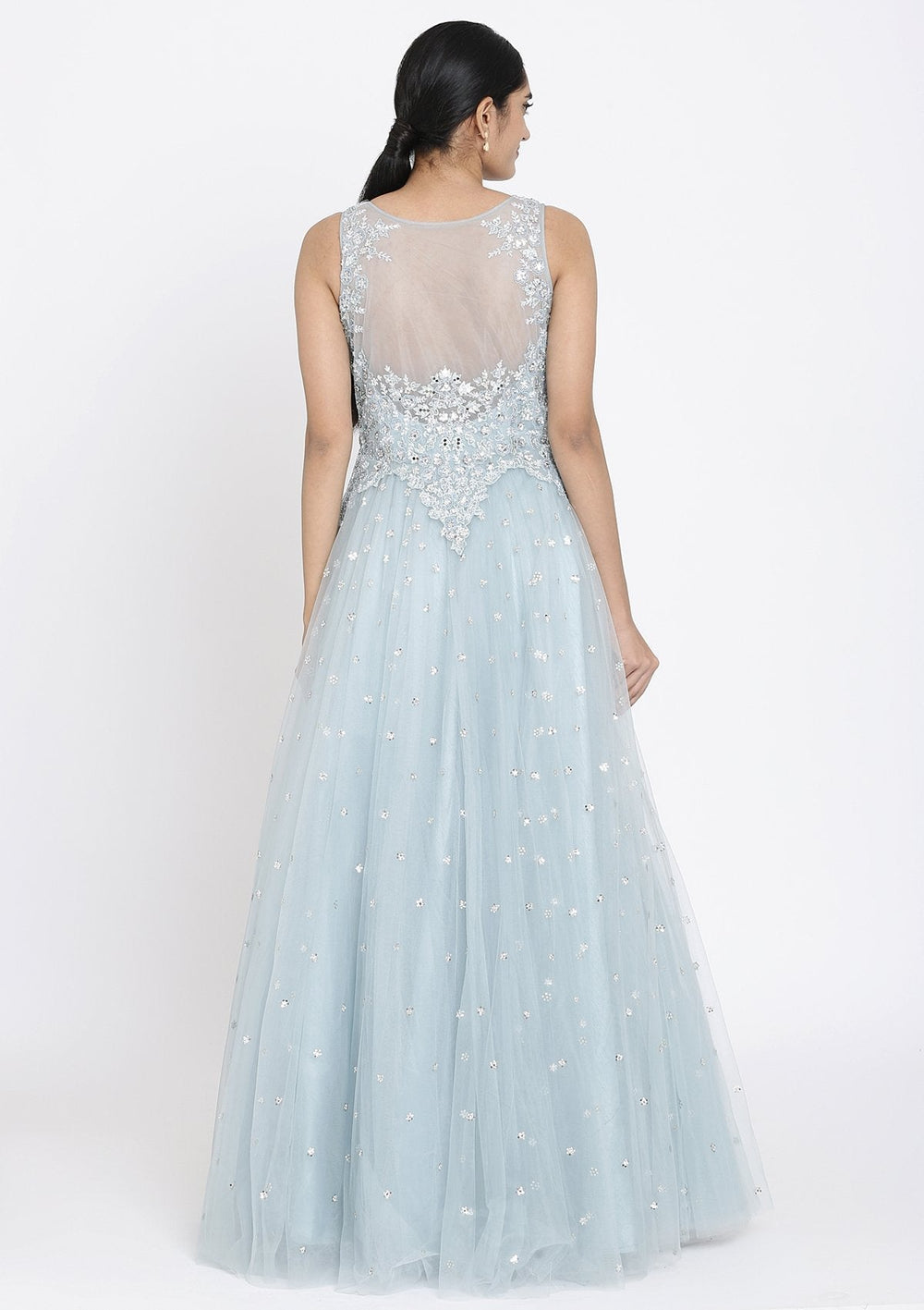 Light Grey Sequins Net Designer Gown - koskii