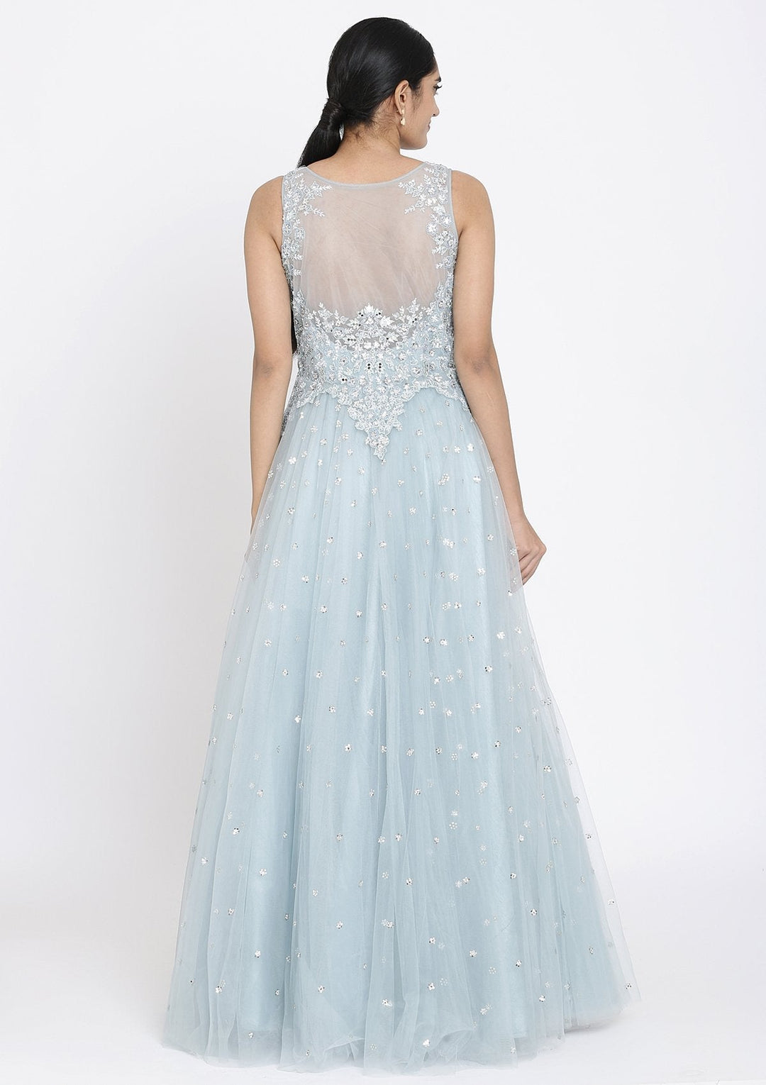 Light Grey Sequins Net Designer Gown - koskii