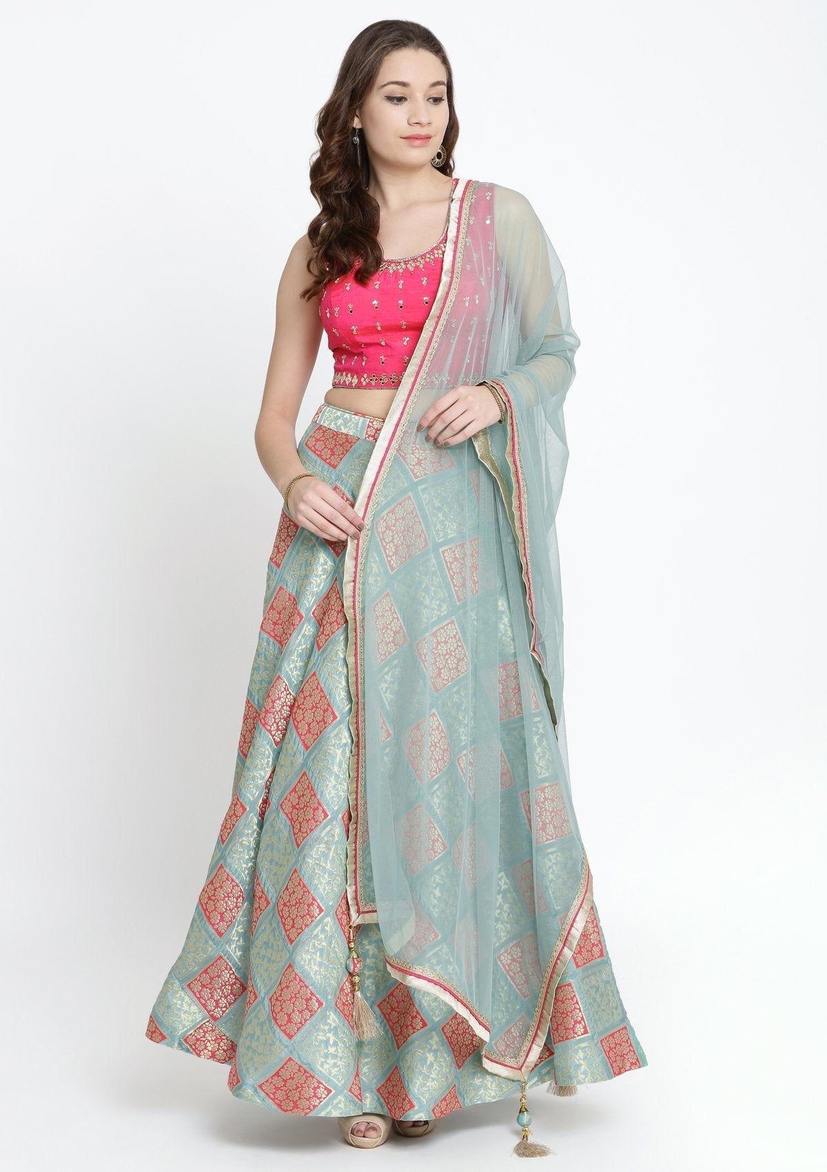 Pista Green and Fuschia Mirrorwork Brocade Designer Lehenga-Koskii