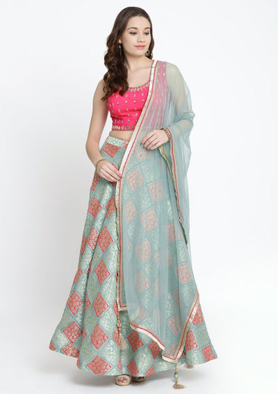 Pista Green and Fuschia Mirrorwork Brocade Designer Lehenga-Koskii