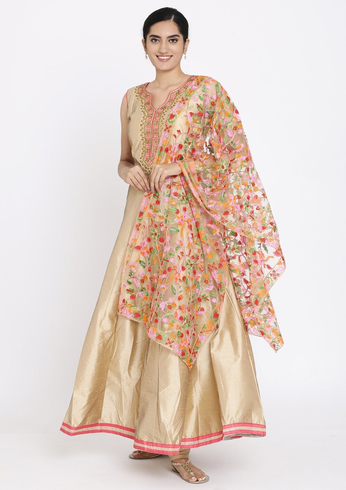 Gold Stonework Raw Silk Designer Gown - koskii