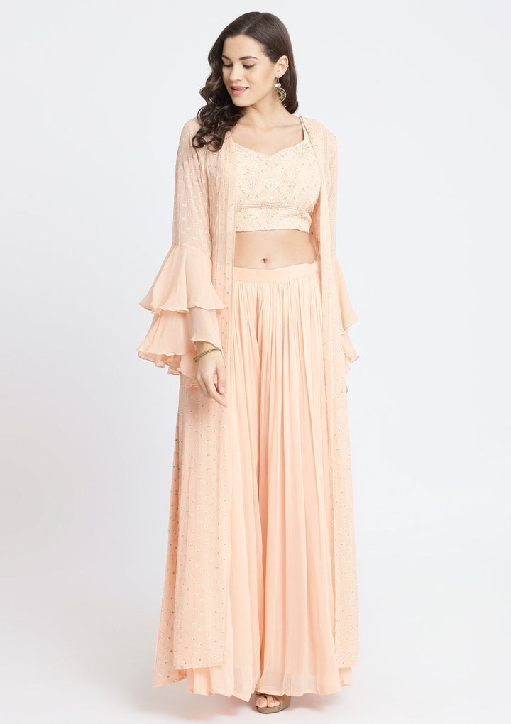 Peach Threadwork Georgette Designer Crop Top Set-Koskii