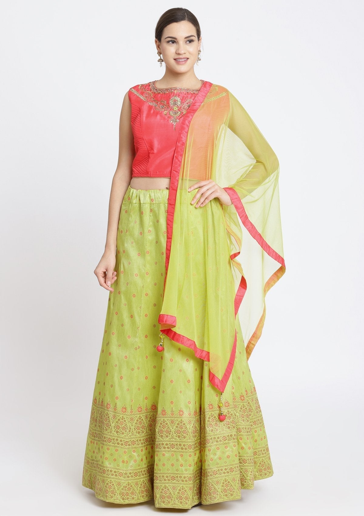 Parrot Green and Candy Pink Stonework Art Silk Designer Lehenga-Koskii