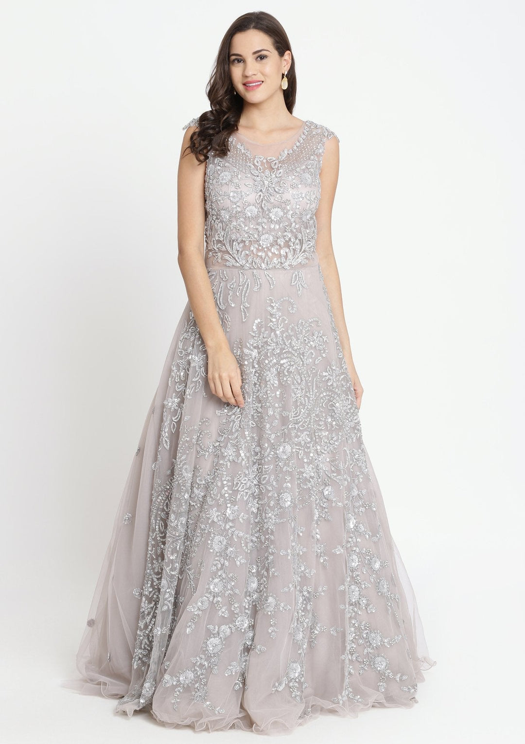 Grey Sequinned Net Designer Gown-Koskii