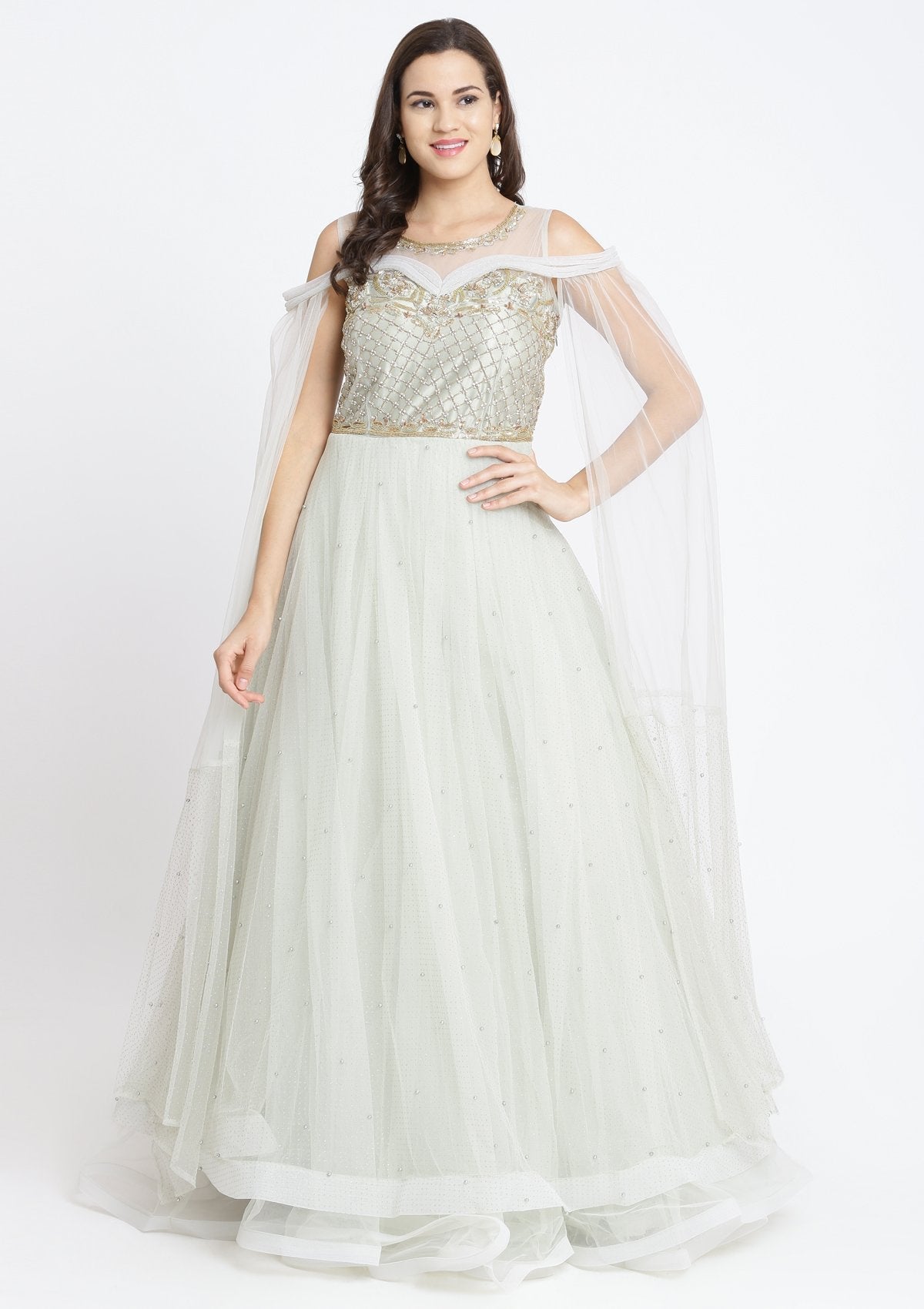 Pista Green Cutdana Net Designer Gown-Koskii