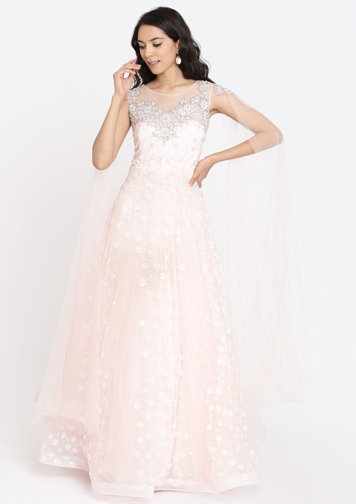 Baby Pink Sequins Net Designer Gown-Koskii