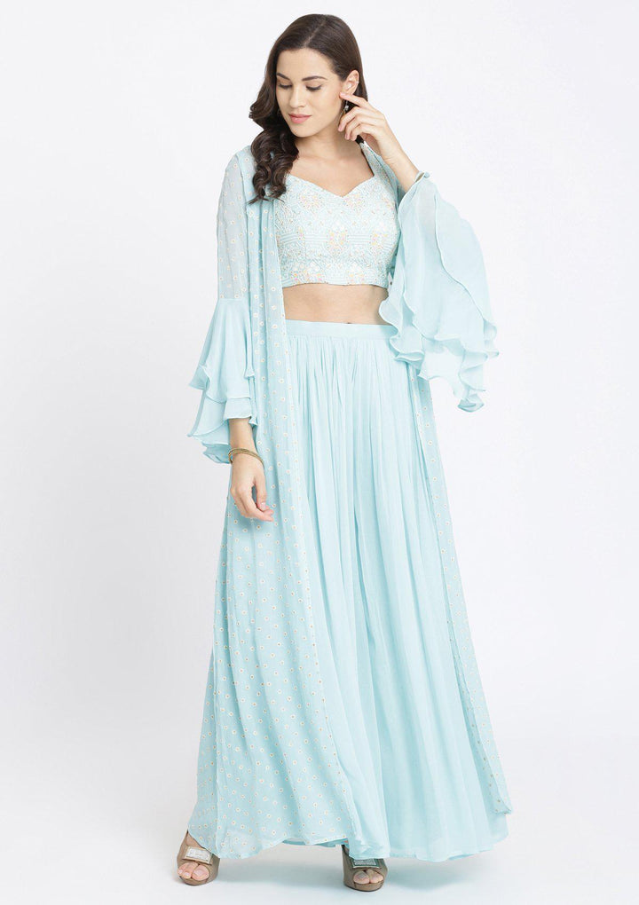 Sky Blue Threadwork Georgette Designer Crop Top Set-Koskii