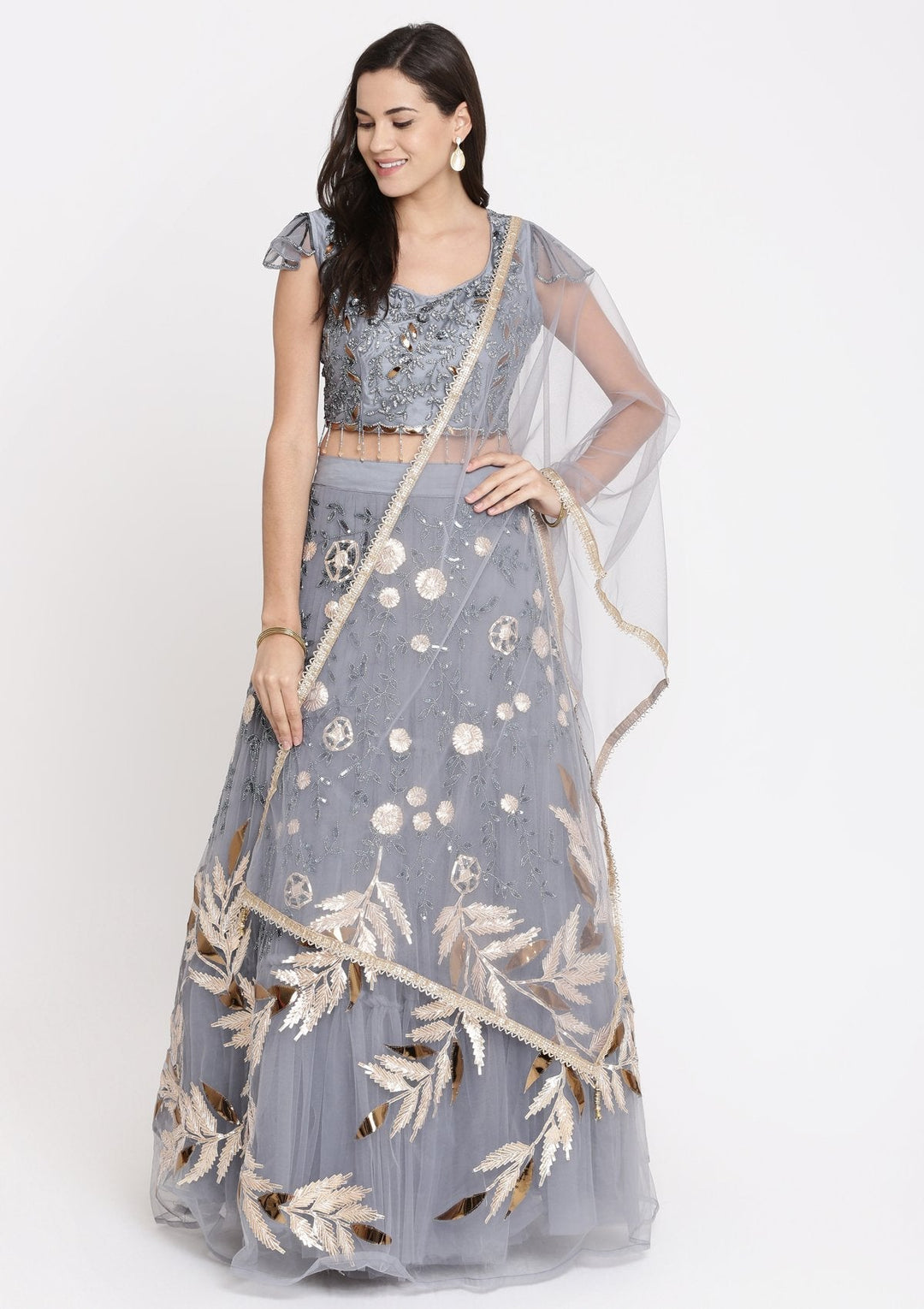 Dark Grey Cutdana Net Designer Lehenga-Koskii
