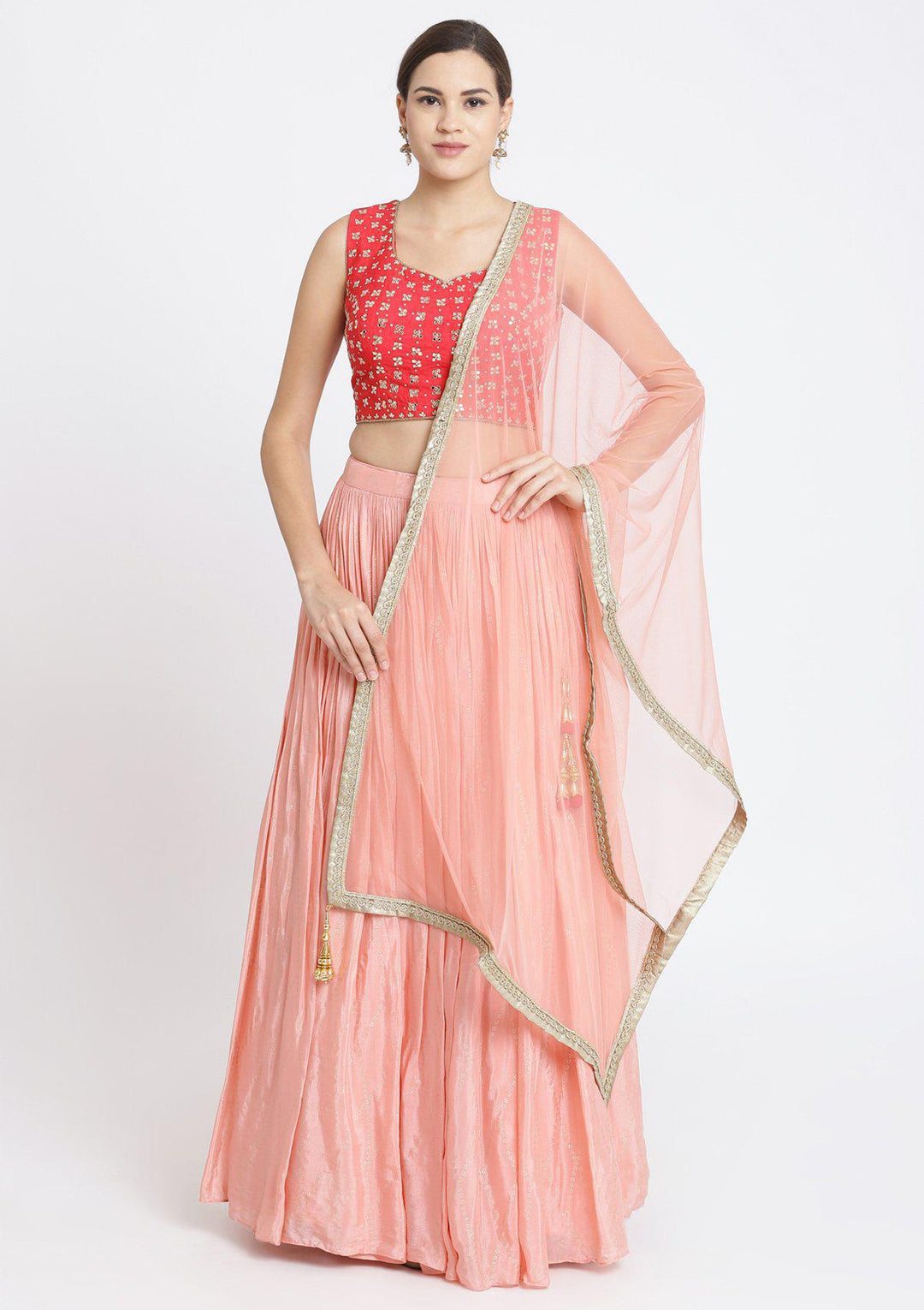 Peach and Fuschia Mirrorwork Satin Designer Lehenga-Koskii