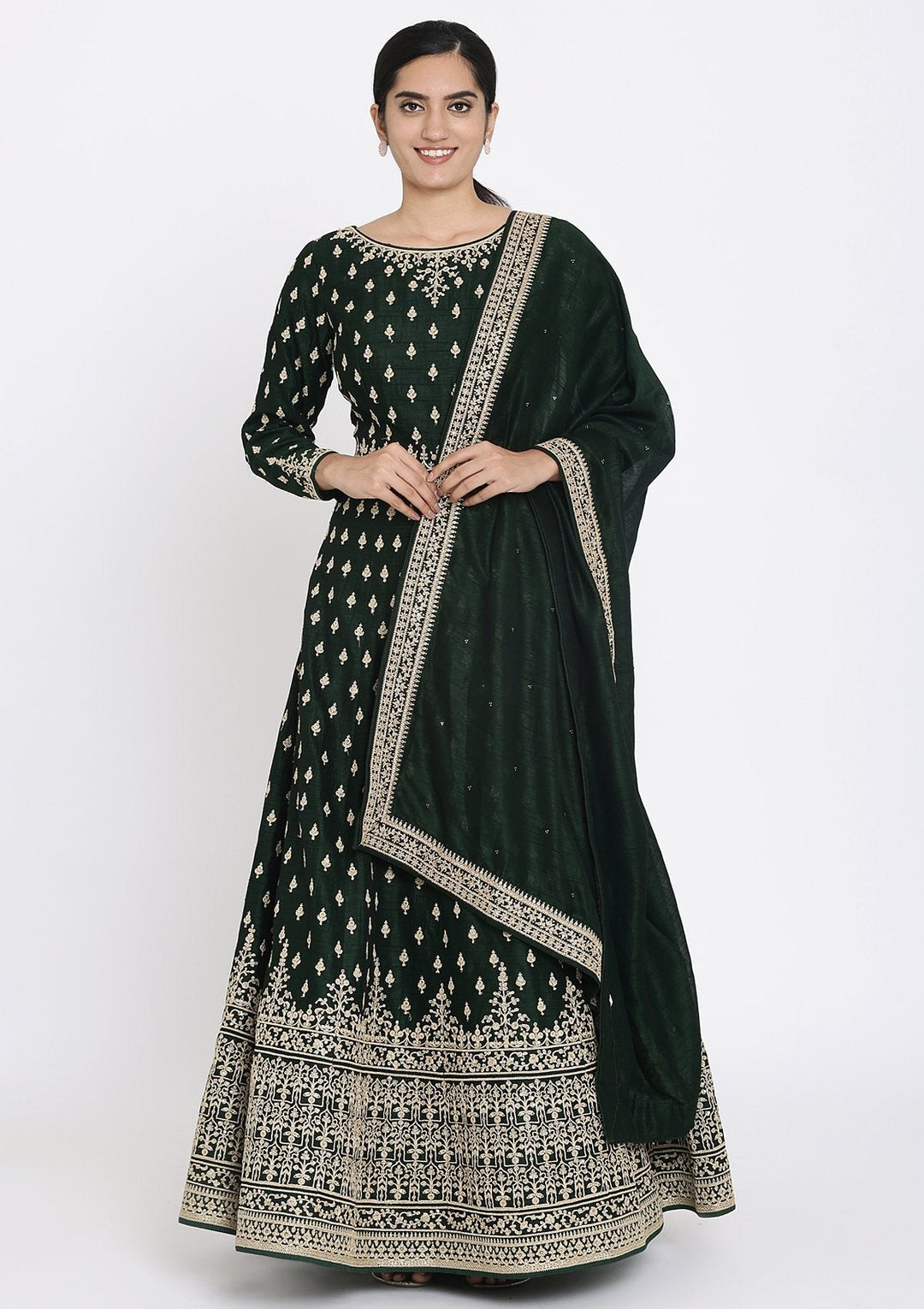 Bottle Green Zariwork Raw Silk Designer Gown - koskii