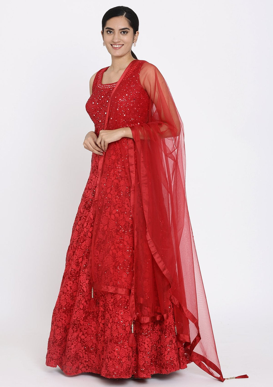 Red Chikankari Net Designer Gown - koskii
