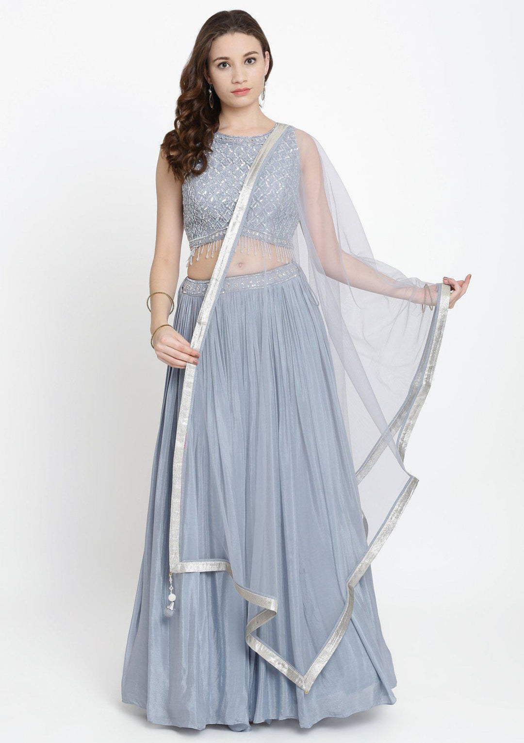Light Grey Sequinned Satin Designer Lehenga-Koskii