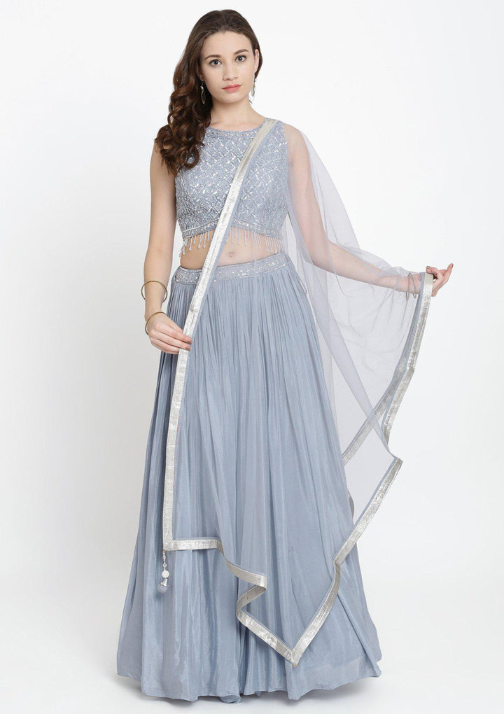 Light Grey Sequinned Satin Designer Lehenga-Koskii