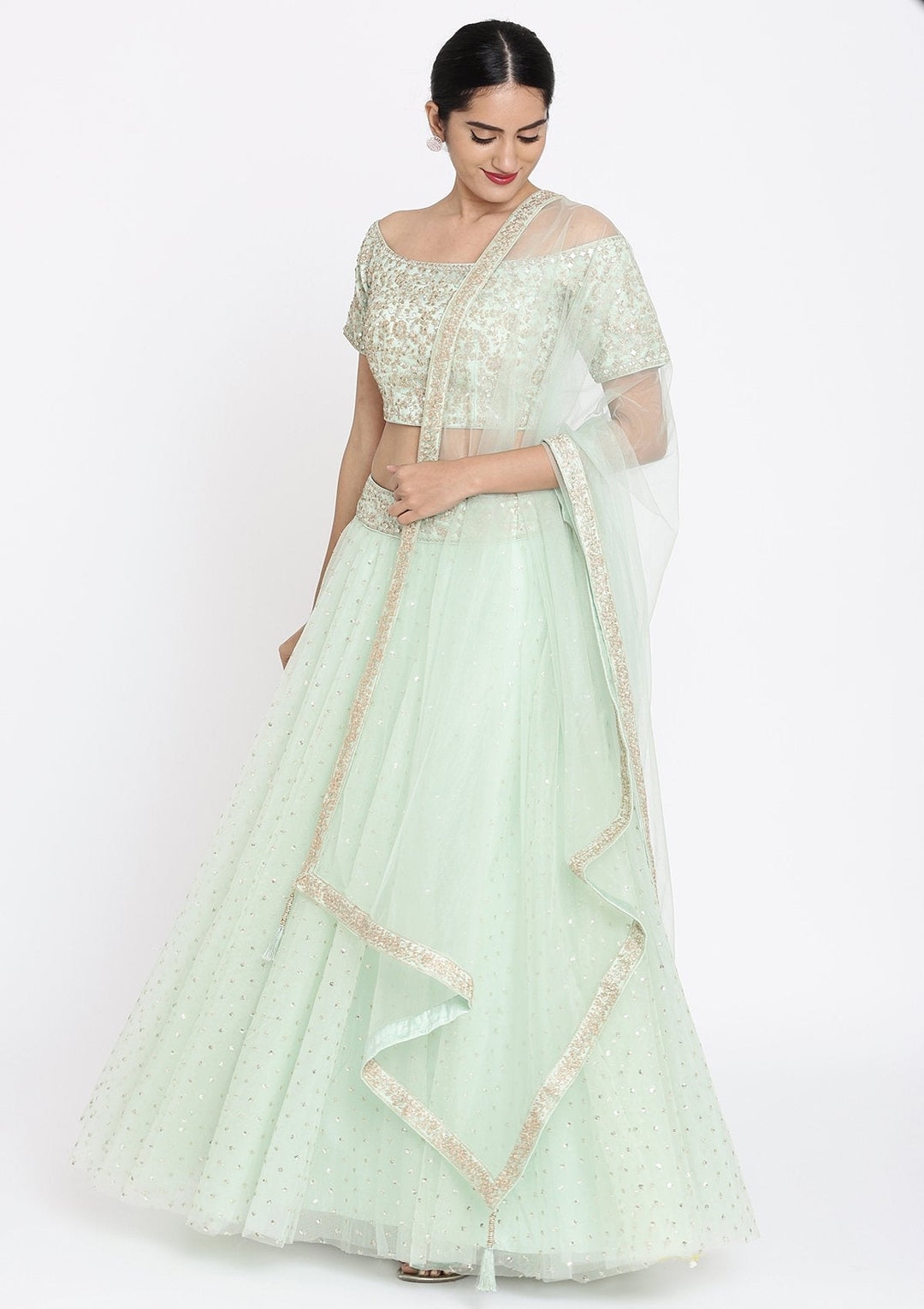 Pista Green Zariwork Net Designer Lehenga - koskii