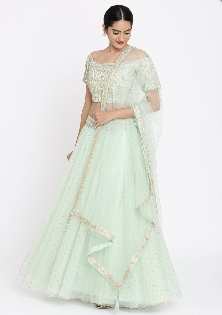Pista Green Zariwork Net Designer Lehenga - koskii