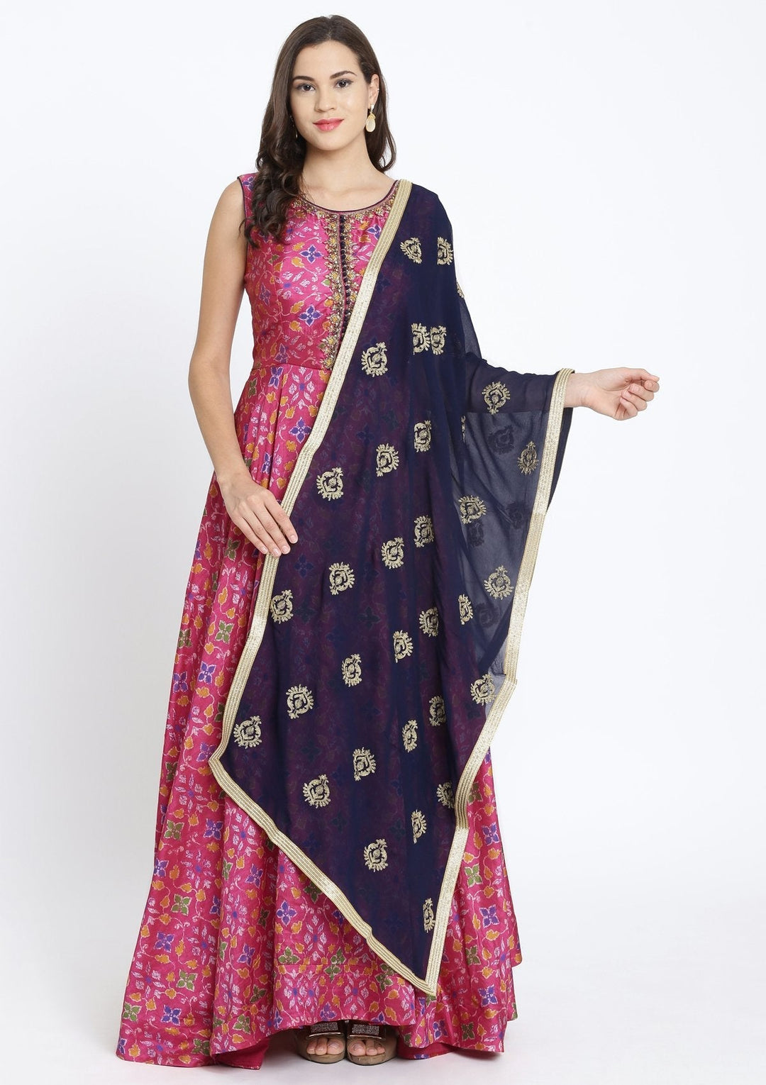 Fuschia Stonework Art Silk Designer Gown-Koskii
