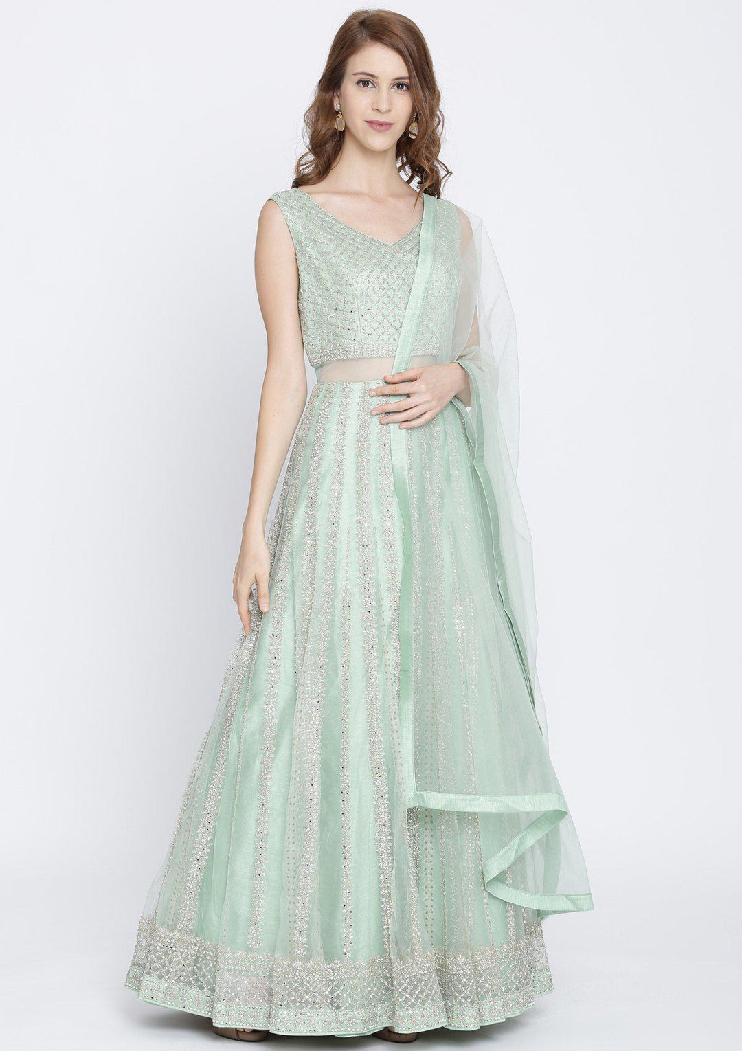 Pista Green Mirrorwork Net Designer Gown-Koskii
