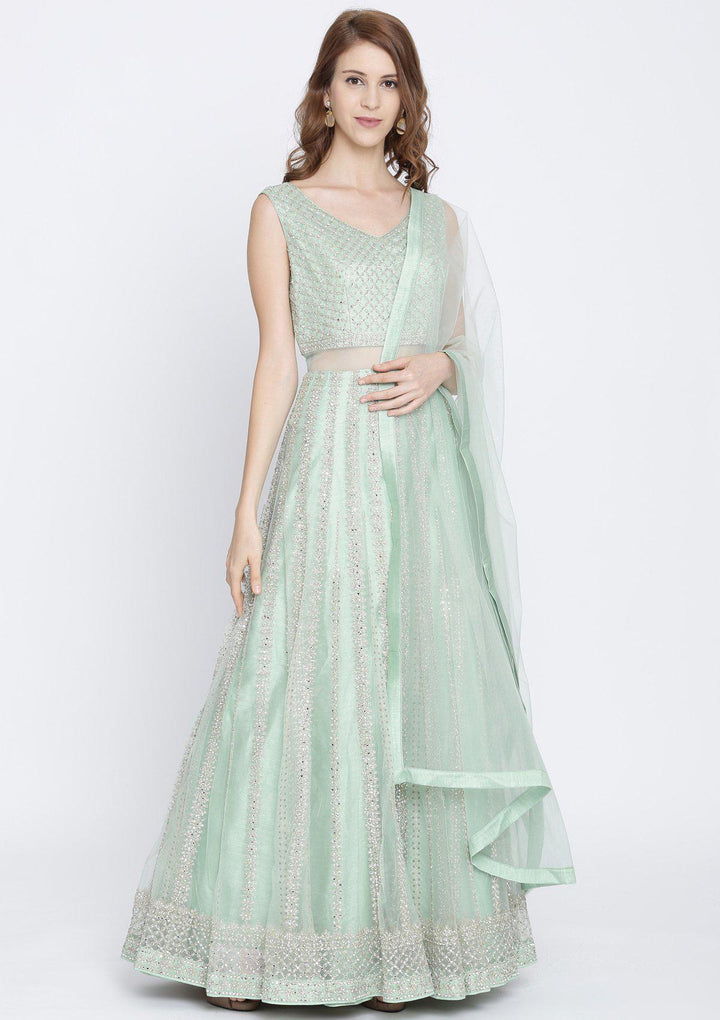 Pista Green Mirrorwork Net Designer Gown-Koskii