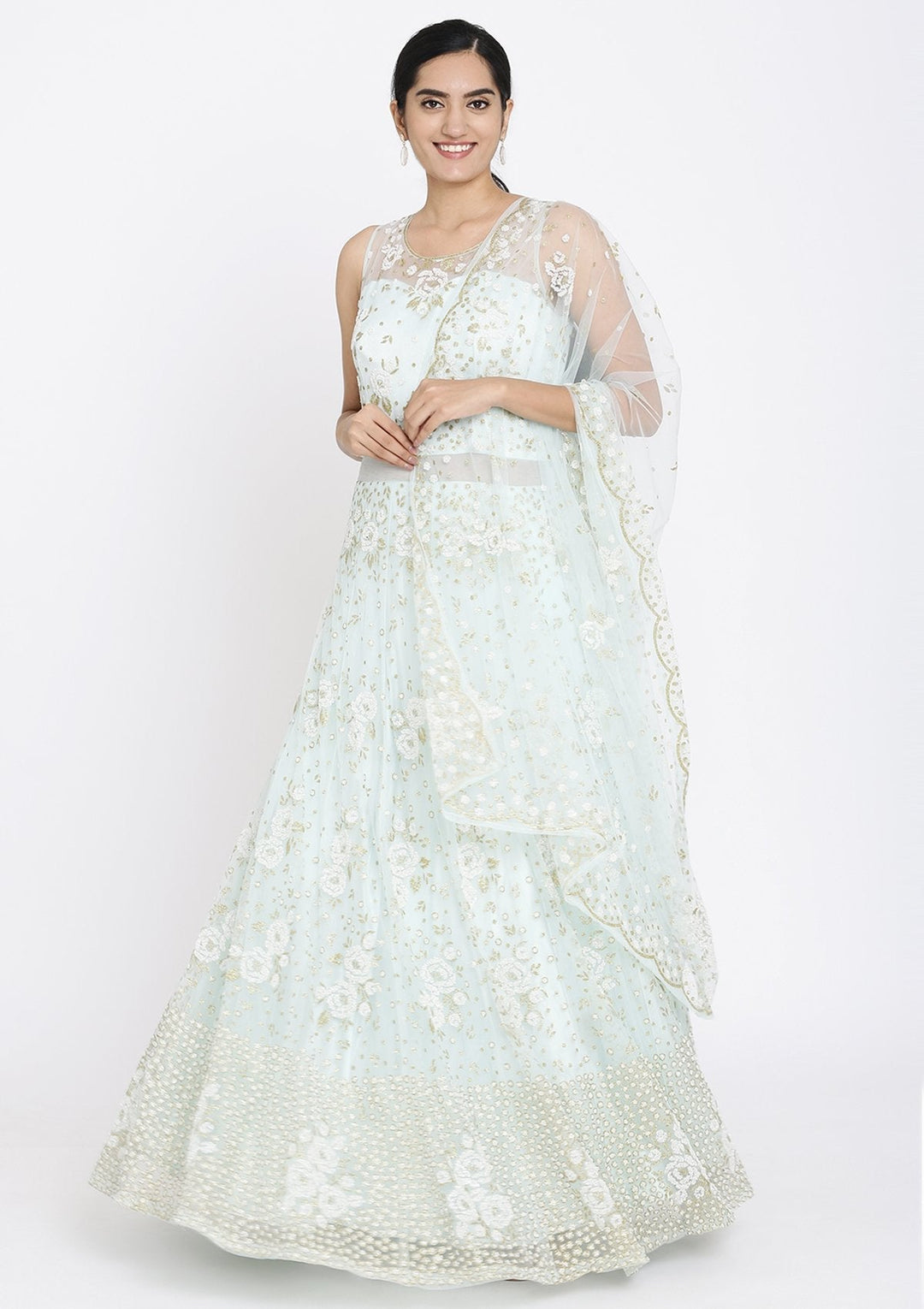 Sky Blue Cutdana Net Designer Gown - koskii