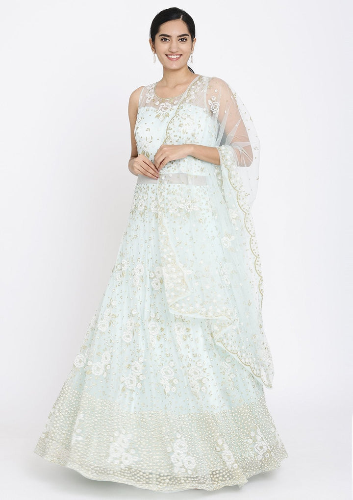 Sky Blue Cutdana Net Designer Gown - koskii