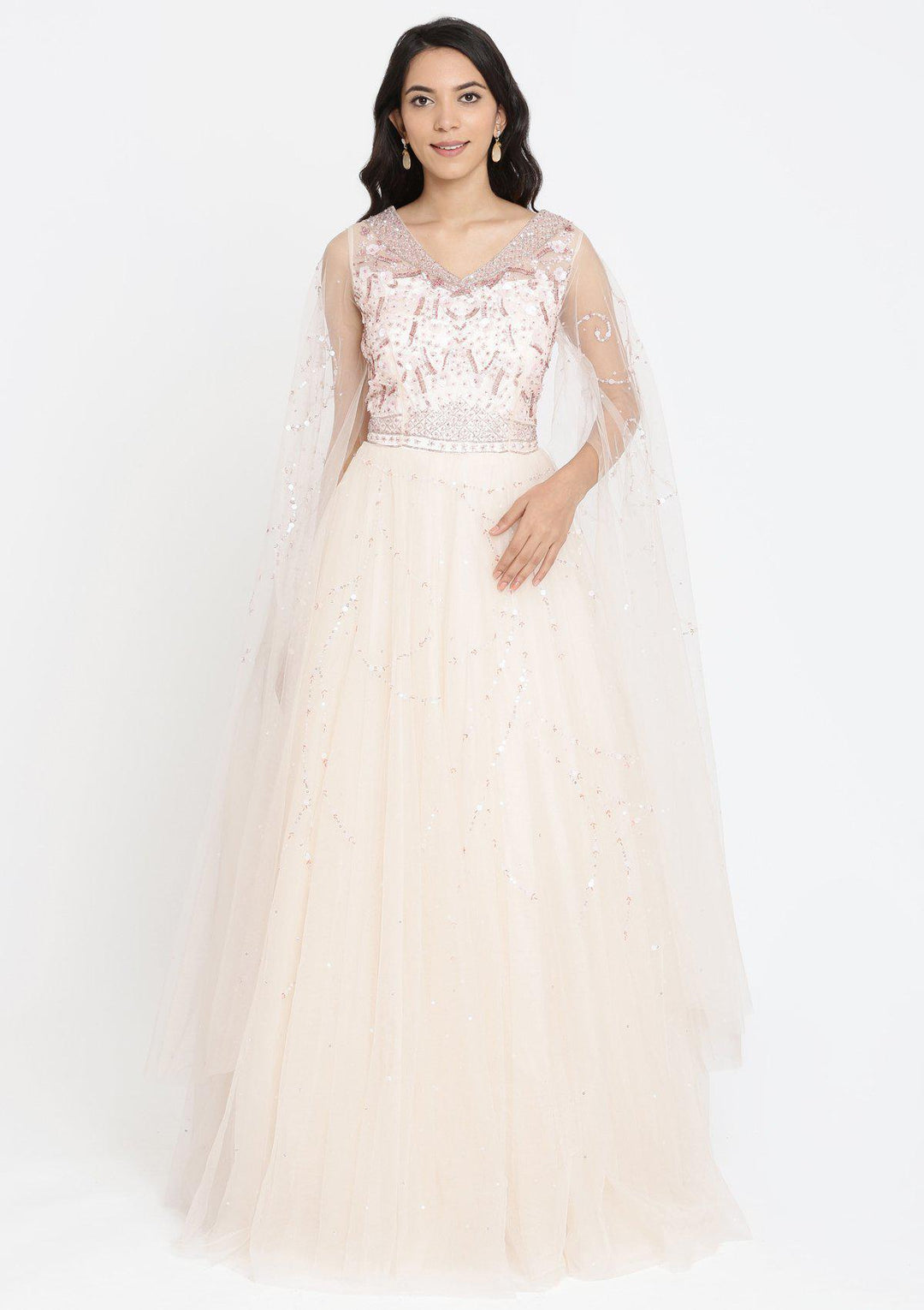 Cream Cutdana Net Designer Gown-Koskii