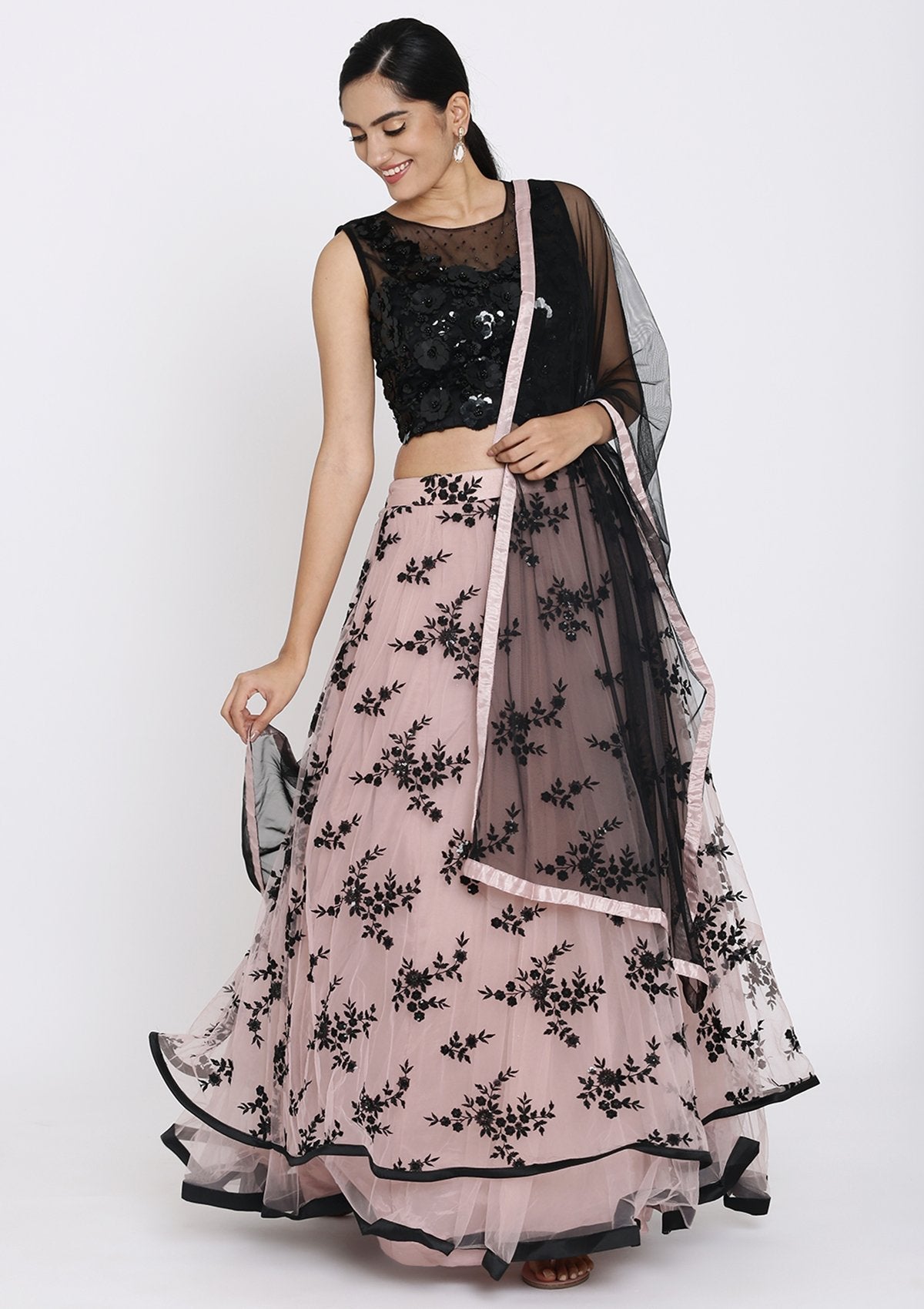 Mauve And Black Applique Net Designer Lehenga - koskii