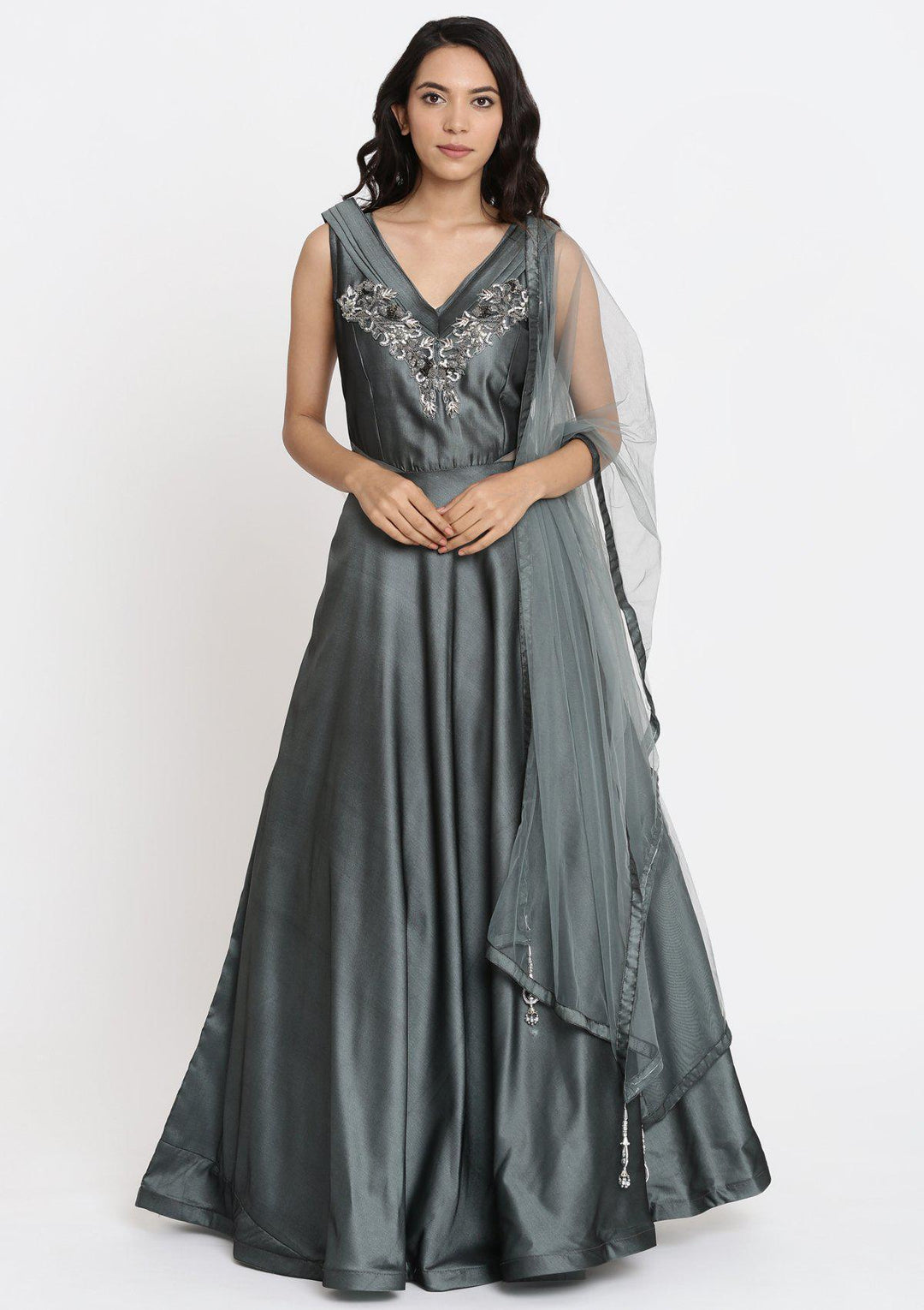 Mehendi Cutdana Taffeta Silk Designer Gown-Koskii