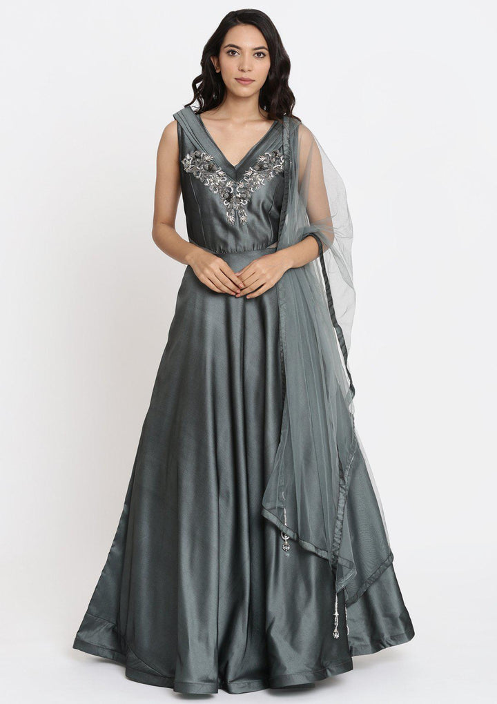 Mehendi Cutdana Taffeta Silk Designer Gown-Koskii