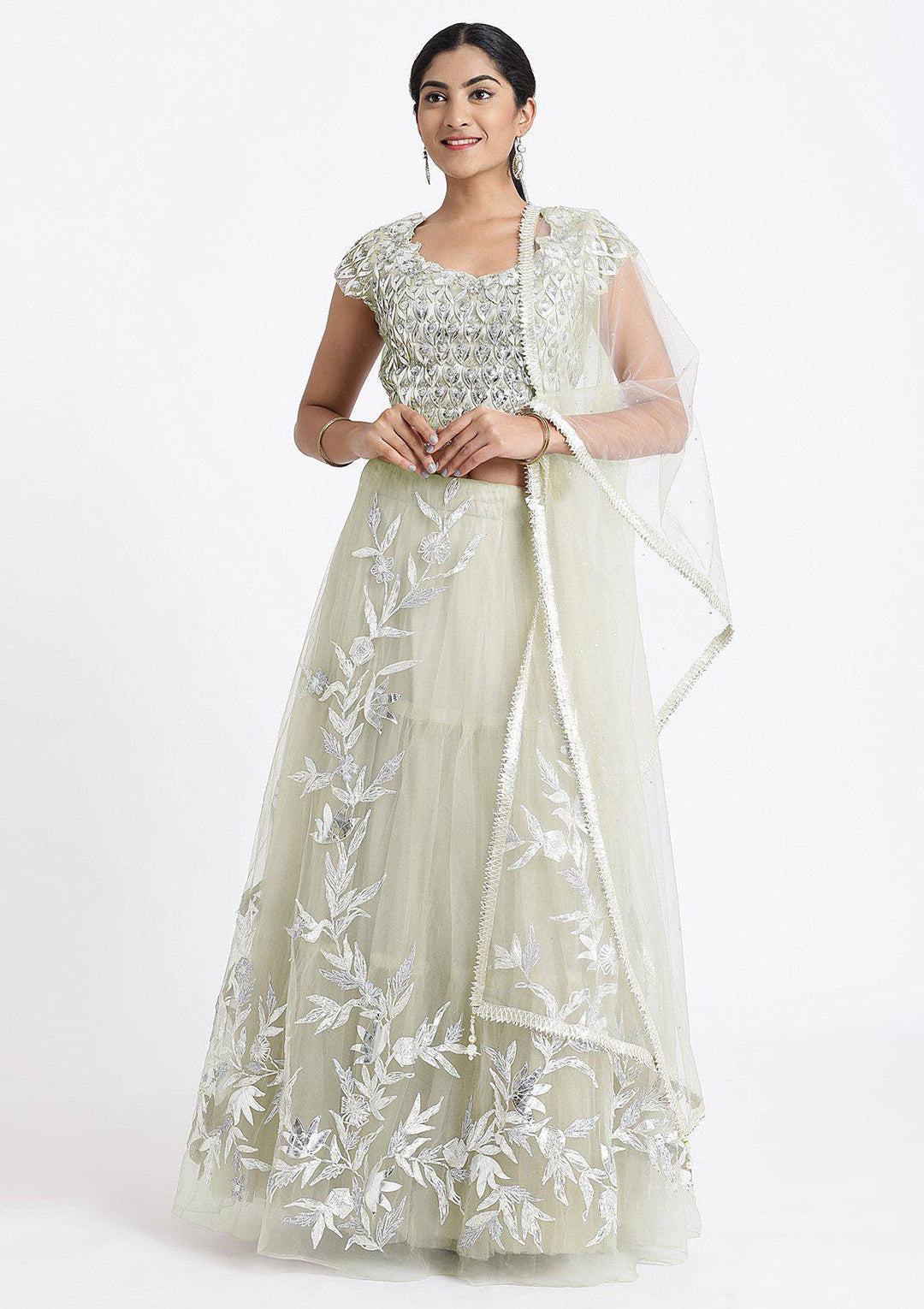 Pista Green Sequinned Net Designer Lehenga-Koskii