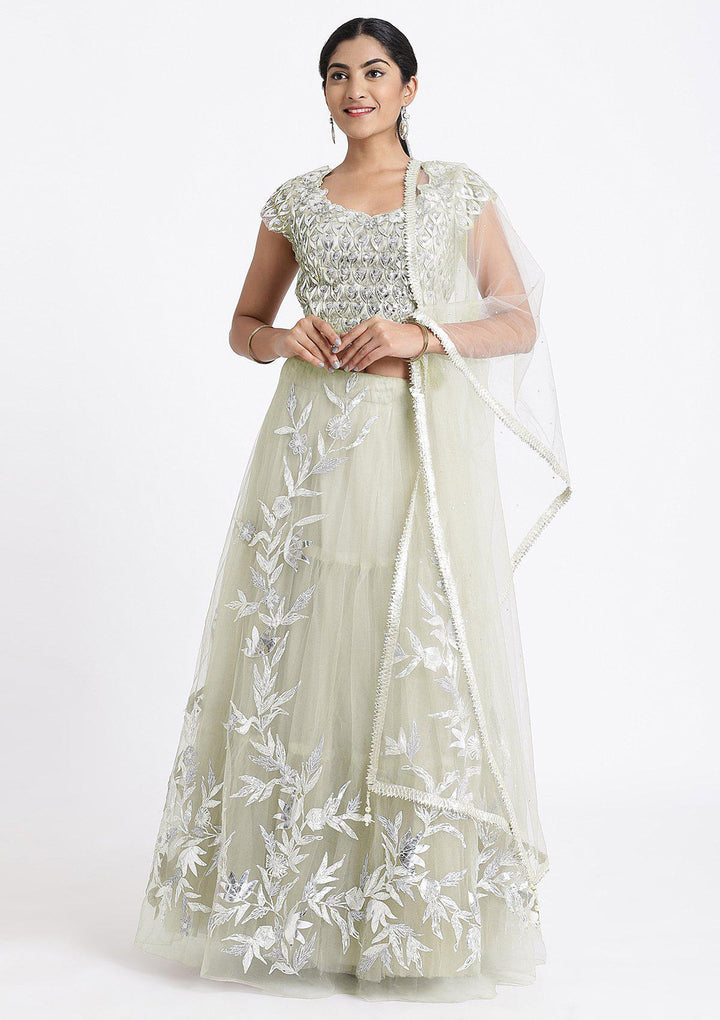 Pista Green Sequinned Net Designer Lehenga-Koskii